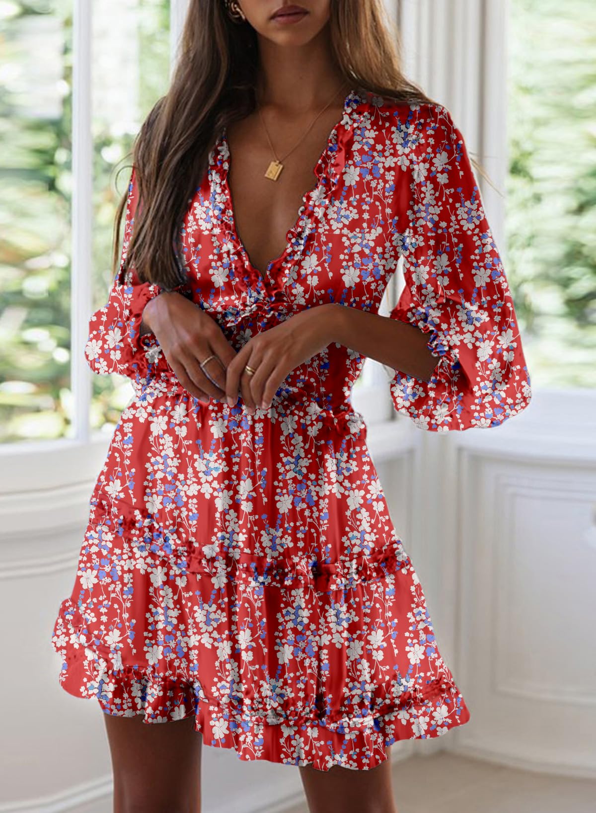 Dokotoo Women's Deep V Neck Long Sleeve Backless Ruffle Floral Mini Dress - Spring Summer 2025 Fashion, Party, Date Night, Cocktail, Vacation Outfit