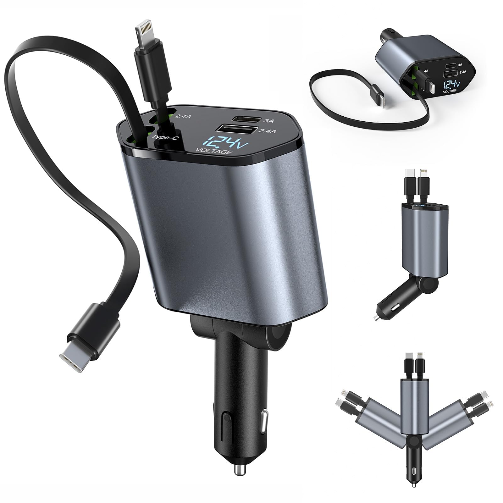 Fast Charging Retractable Car Charger - 4-in-1 Dual USB Port Adapter with 31.5