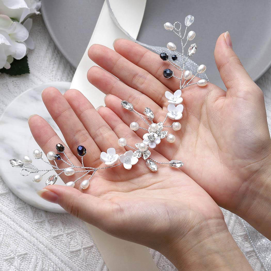Silver Flower Bridal Hair Vine with Pearls for Wedding & Parties