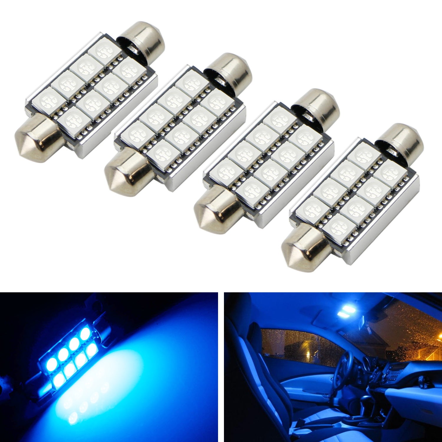 4 Pack Blue 4 SMD CAN Bus 1.72 Inch 41mm LED Festoon Dome Light Bulbs - Interior Map Light Replacement for Cars, Trucks, SUVs (Perfect for Reading Maps & Cabin Lighting at Night)