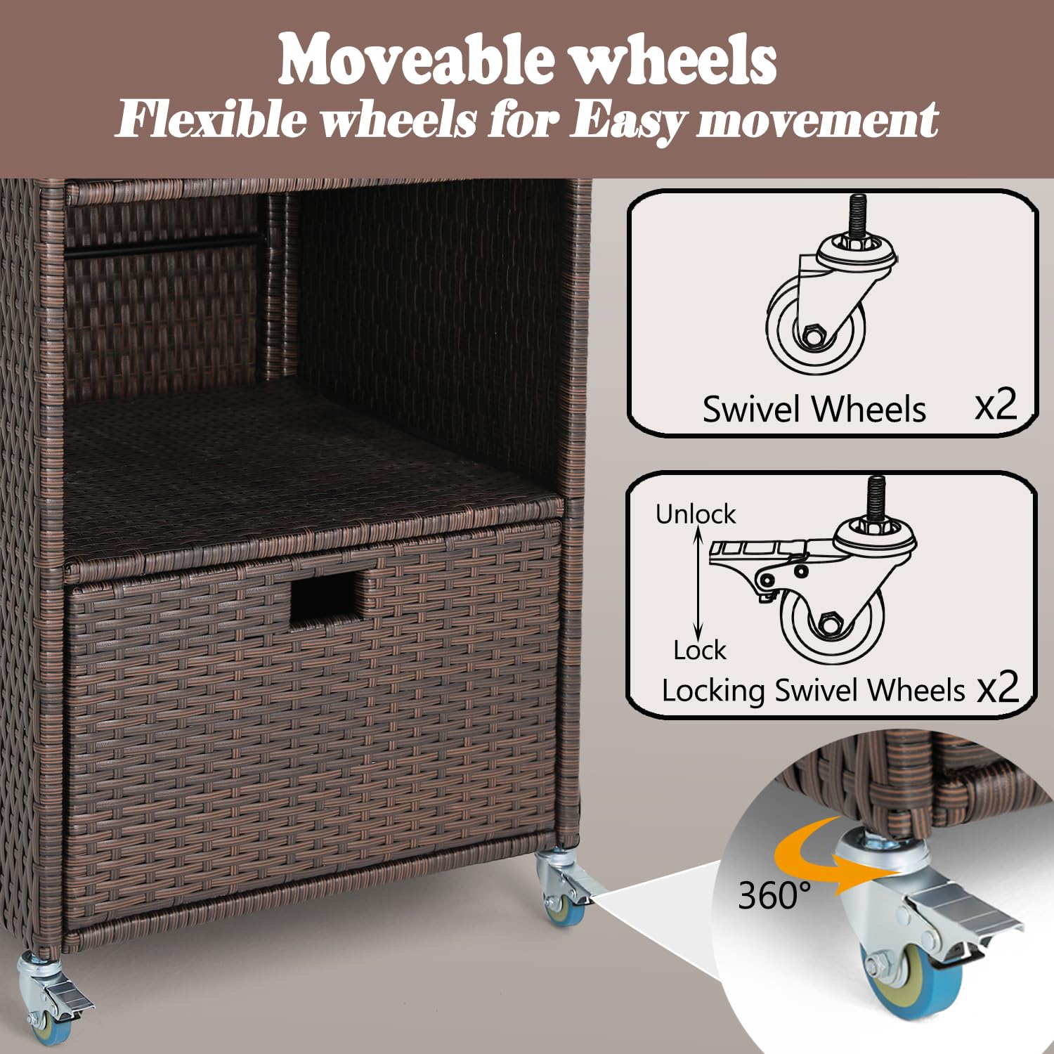 Outdoor Towel Rack for Pool - Waterproof Wicker Towel Storage Cabinet with Shelf, Drawer & Rolling Wheels - Espresso Poolside Towel Holder with Cover - Perfect for Hot Tub, Beach House & Backyard Patio