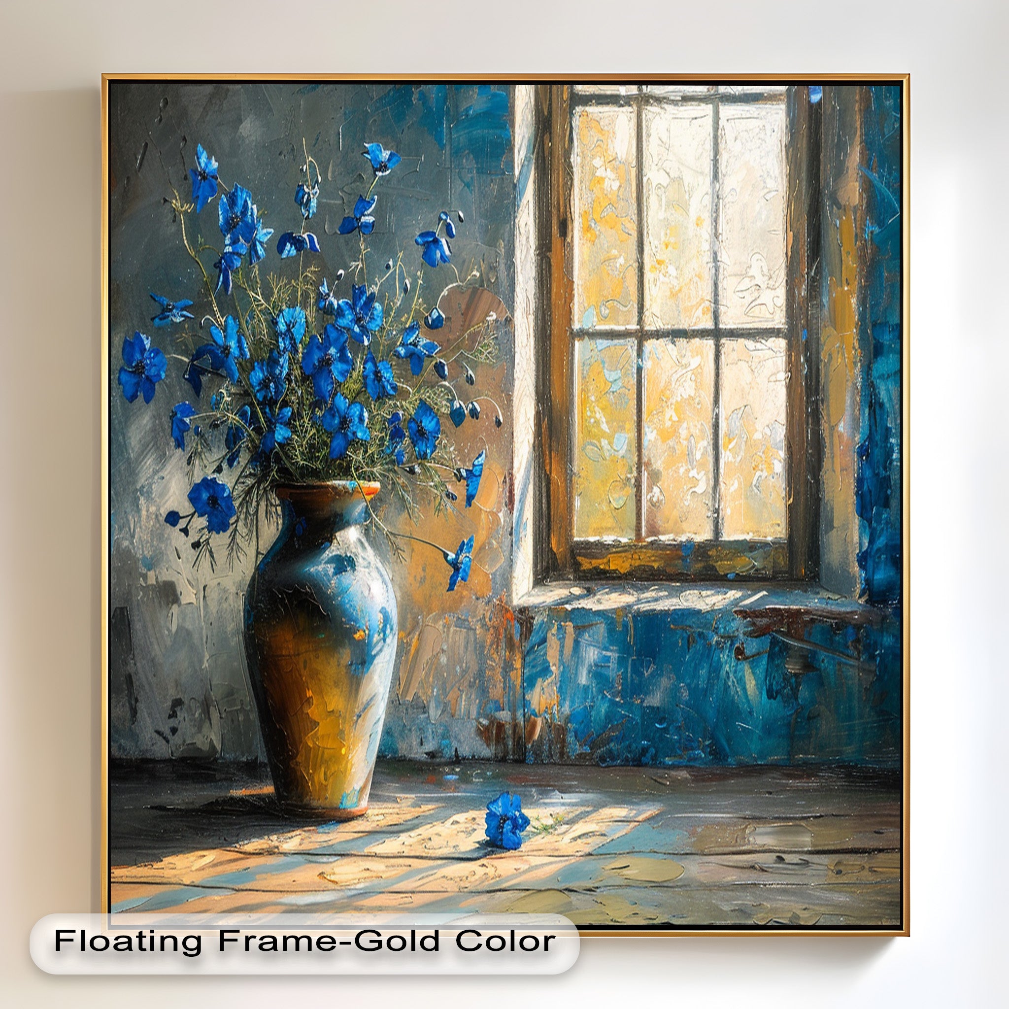 Blue Flowers in Vase - Rustic Still Life Oil Painting on Canvas - Perfect for Farmhouse Decor, Living Room Wall Art & Home Office