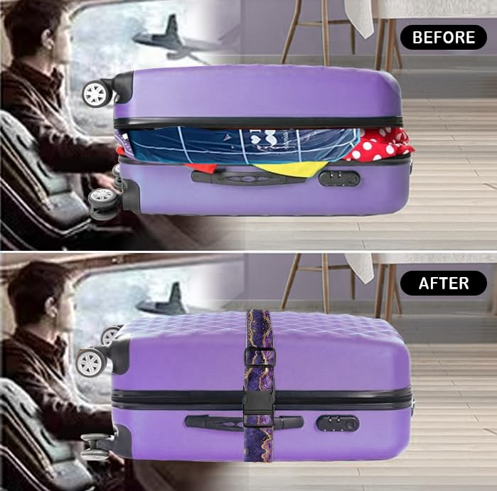 Premium Adjustable Luggage Straps for Suitcases - Heavy Duty Travel Belt with Quick-Release Buckle - Luxury Purple Marble Design - Perfect for Air Travel, Business Trips & Vacation Packing