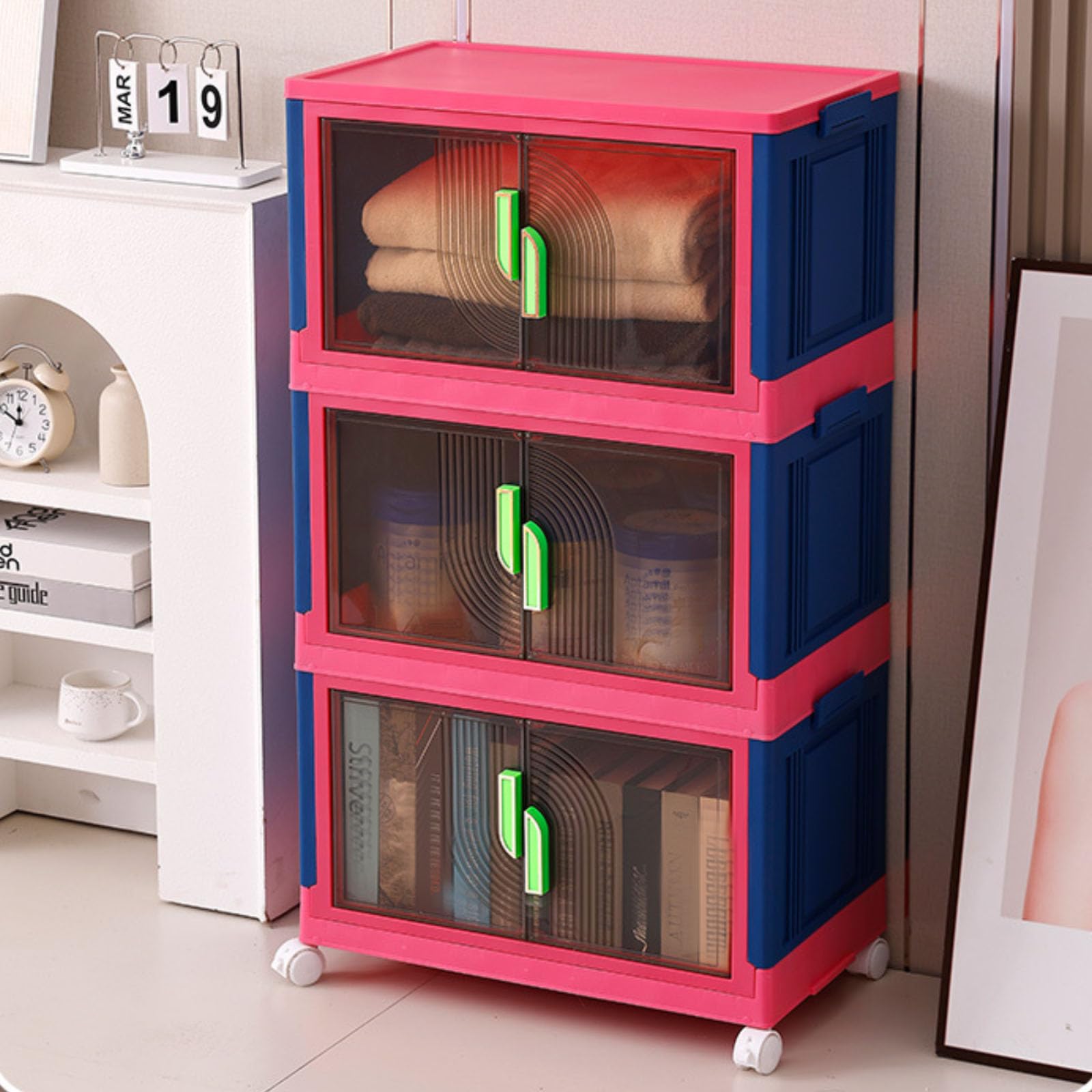 Stackable Plastic Storage Bins with Lids - Large White Foldable Storage Containers for Bedroom, Office & Study | Portable Organizer Boxes for Clothes, Toys & Home Organization