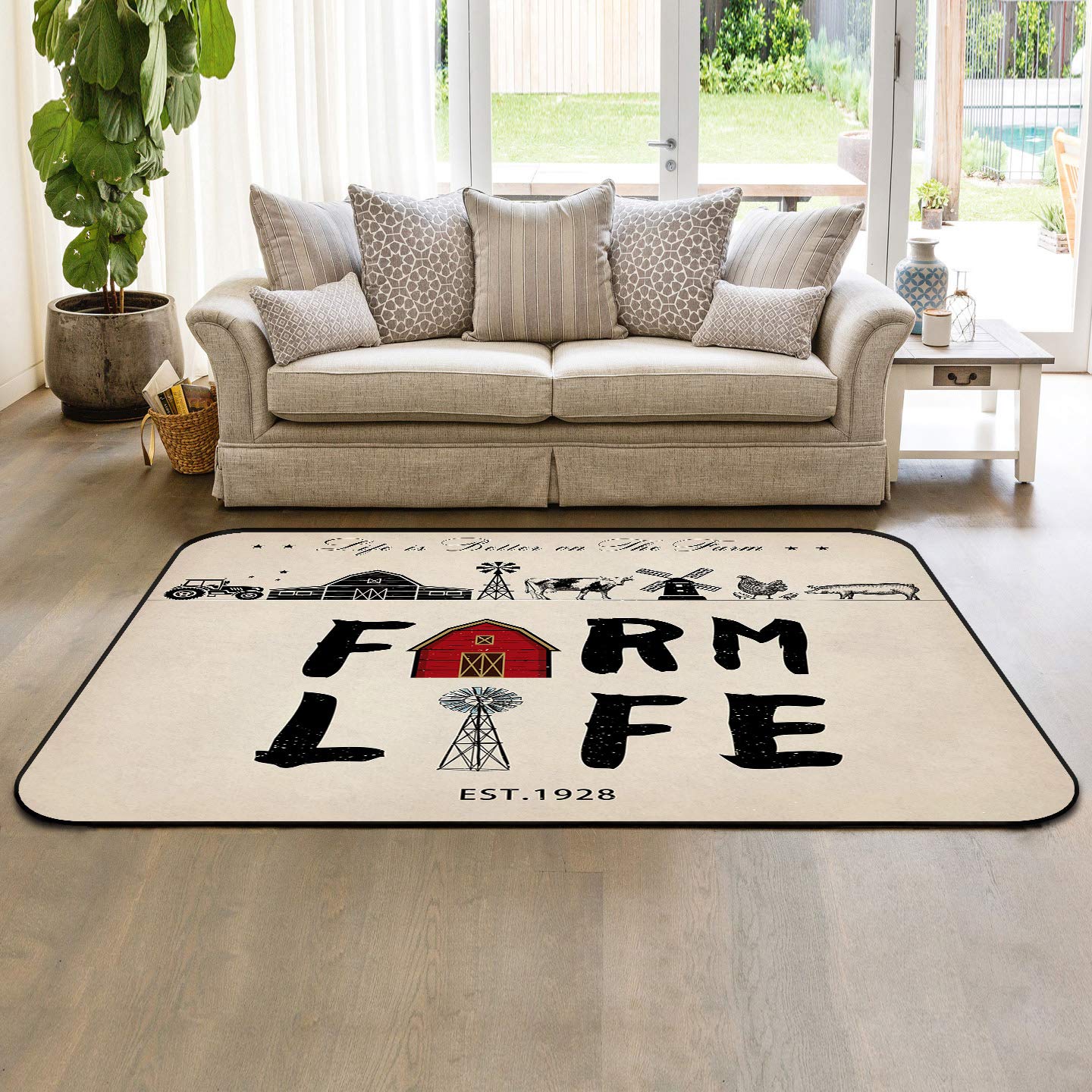5' x 8' Modern Farmhouse Area Rug - Soft Nursery Rug for Kids & Children's Room - Indoor/Outdoor Cow Print Rug for Living Room, Bedroom, Patio - Durable Red Barnyard Design with Rooster & Windmill Patterns - Perfect for Farmhouse Decor, Playrooms and Cozy Home Spaces
