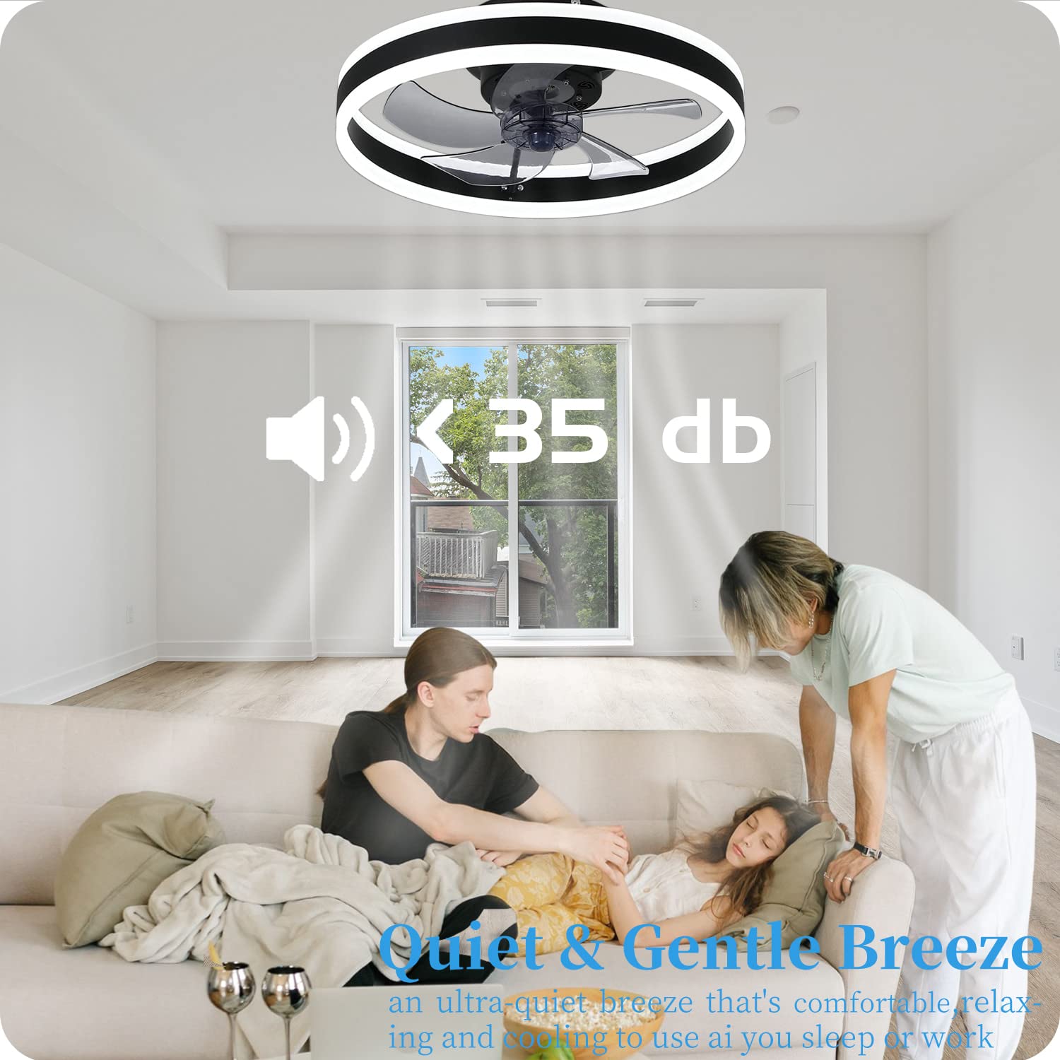 Bladeless Ceiling Fan with LED Lights & Bluetooth Speaker - Quiet, Low Profile, Smart App & Remote Control, Stepless Dimming, 3 Color Options, 6 Speed Settings, Reversible, 19.7 Inch - Perfect for Bedroom, Living Room, and Office Spaces