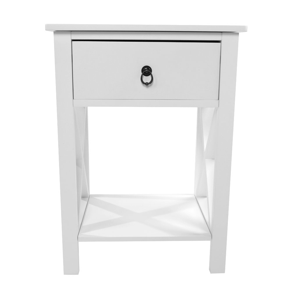 Modern White End Table with Drawer & 2-Tier Storage Shelf - Perfect for Bedroom Nightstand, Living Room Side Table & Small Space Organization