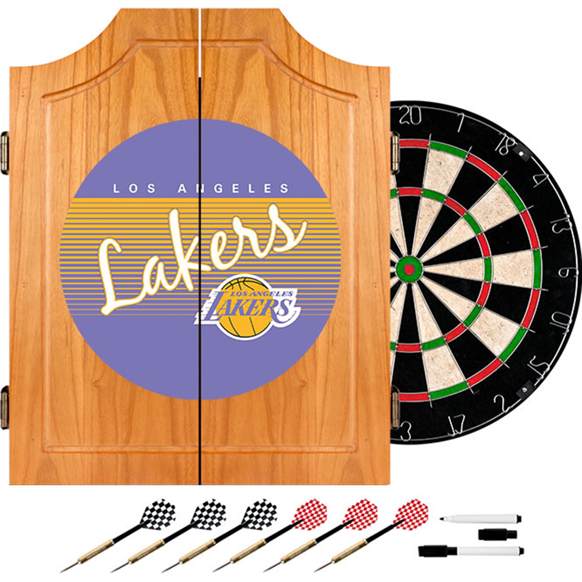 NBA Los Angeles Lakers Wooden Dartboard Cabinet - Official Licensed Basketball Gift for Fans - Perfect for Game Room, Man Cave & Sports Bar Decor