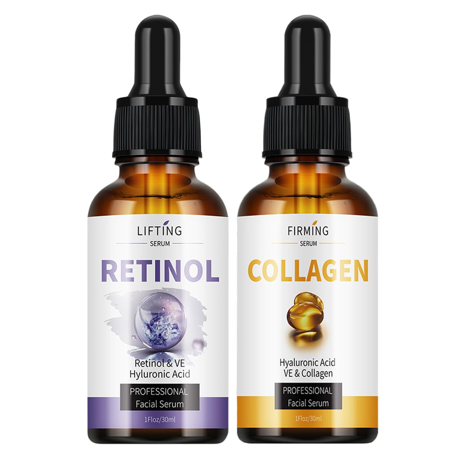 Retinol Serum & Collagen Serum for Face - Anti Aging Skin Care Set with Hyaluronic Acid & Vitamin E - Wrinkle Repair & Skin Nourishment for Women (2 Bottles) - Perfect for Night Routine & Daily Skincare Regimen
