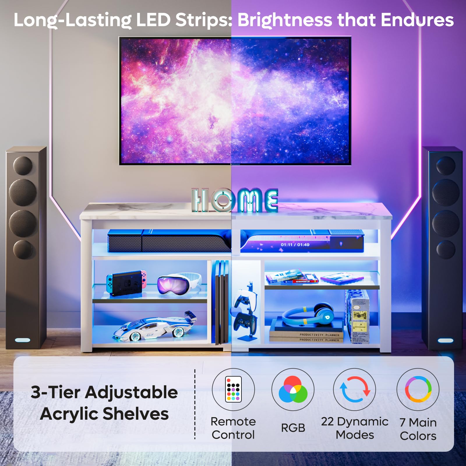 Bestier 55 inch LED TV Stand with Storage - Entertainment Center for PS4, Xbox, 60/65 inch TVs - Adjustable Shelf Media Console - White Marble TV Cabinet for Living Room, Bedroom & Game Room