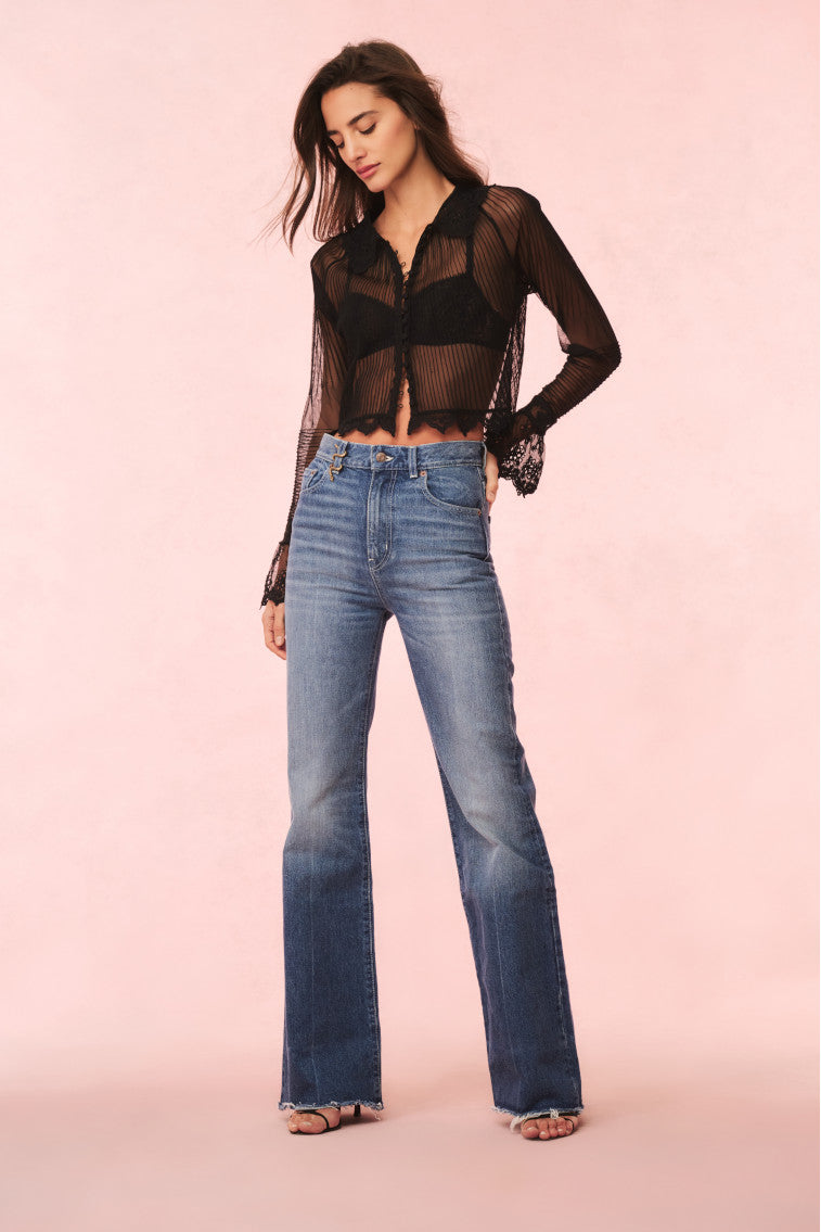 Koto Sheer Lace Trimmed Women's Blouse - Elegant Floral Lace Trim Tops for Casual Wear & Date Night Outfits
