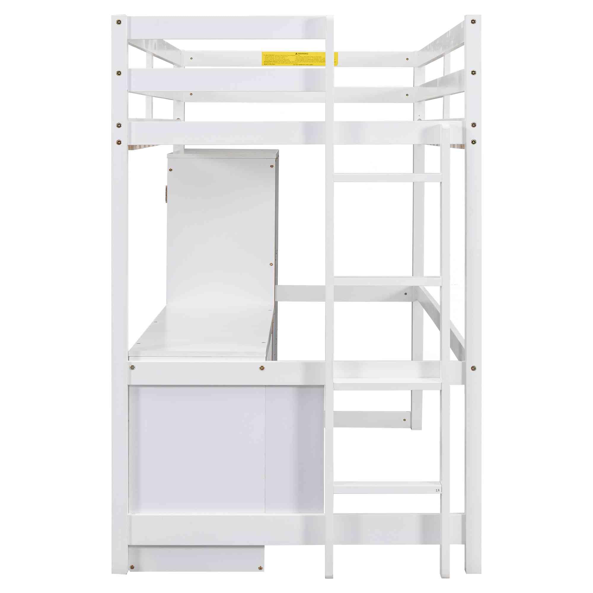 ATY Twin Size Loft Bed with Wardrobe & 3 Drawers - Solid Wood Bed Frame with Built-in Desk & Computer Space - Multifunctional Kids Bedroom & Dorm Furniture - No Box Spring Needed - White - Perfect for Small Spaces, Teen Rooms & College Dorm Organization