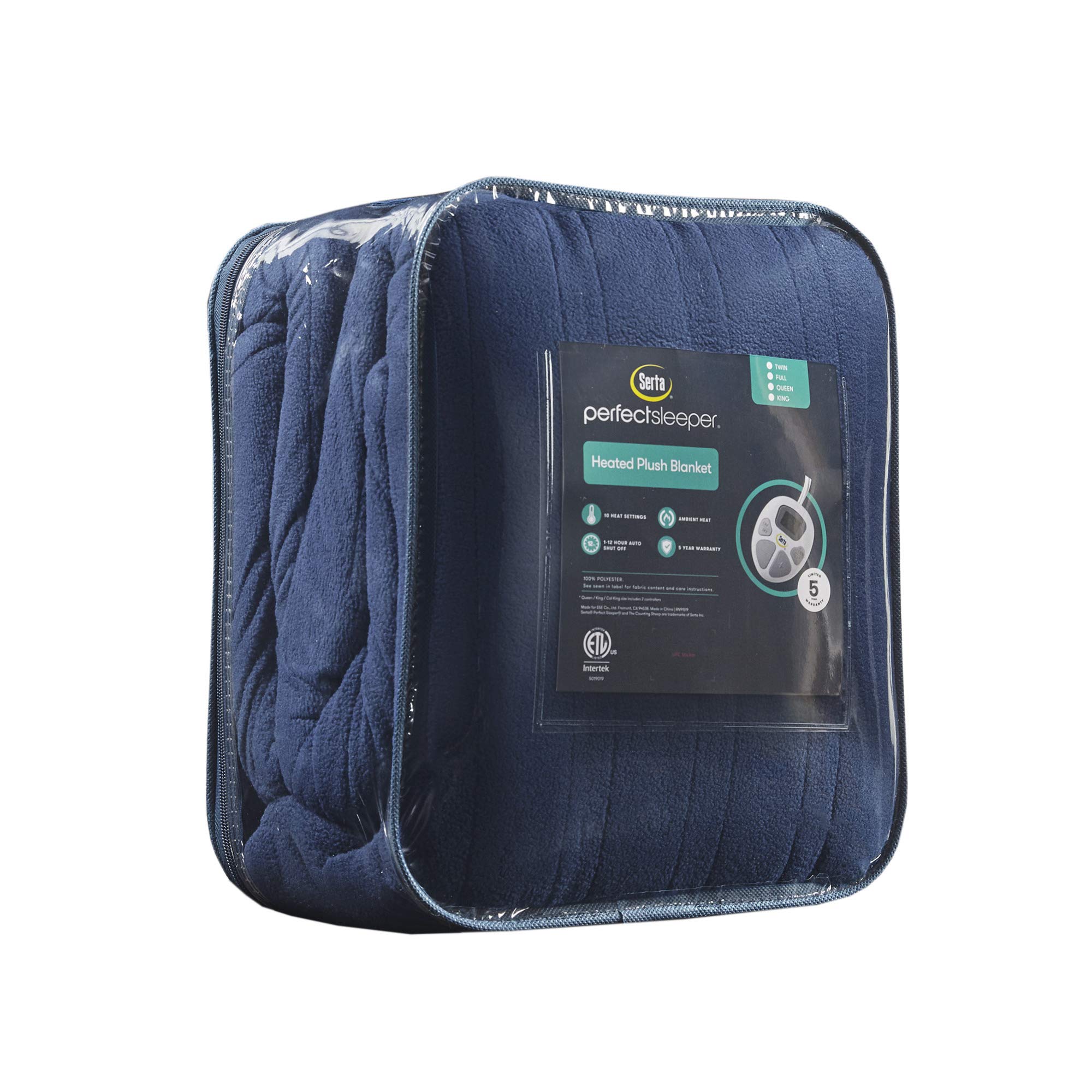 Serta Reversible Fleece to Sherpa Electric Blanket - Fast Heating with Auto Shut Off Timer & 10 Heat Settings - ETL Certified, Machine Washable Blue King Size (90
