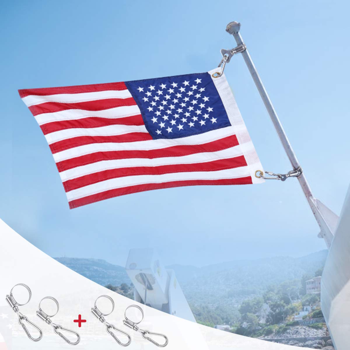 GOLOHO 12 x 18 Inch Marine Boat Flag with 4 Adjustable Clips (0.09-1.38 Inch) - American Flag with 50 Embroidered Stars for Boats, Yachts & Watercraft - Perfect for Nautical Decor, Patriotism & Marine Celebrations