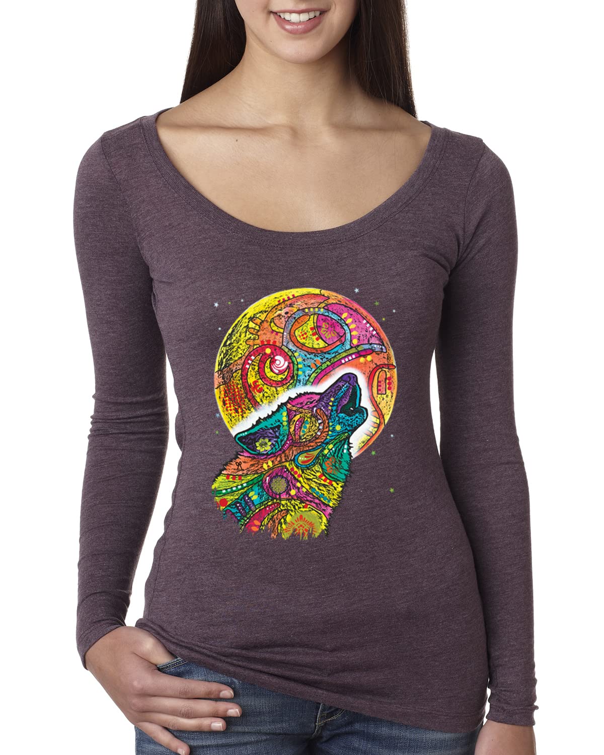 Howling Wolf at Moon T-Shirt - Dean Russo Art Inspired Women's Long Sleeve Scoop Neck Top for Animal Lovers | Perfect for Casual Wear, Outdoor Adventures & Wolf Enthusiast Gifts