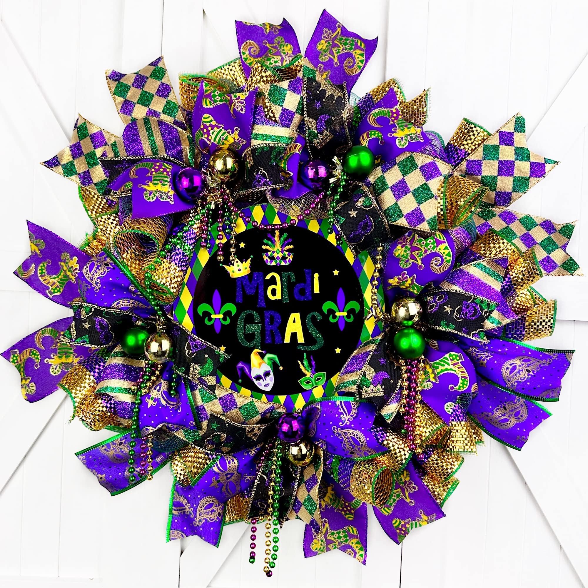 Handmade Mardi Gras Wreath with Colorful Beads - Fat Tuesday Door Decor, Carnival Party Wreath for New Orleans Celebration - Perfect for Home, Office & Festival Decorations by Paradise Wreath Boutique