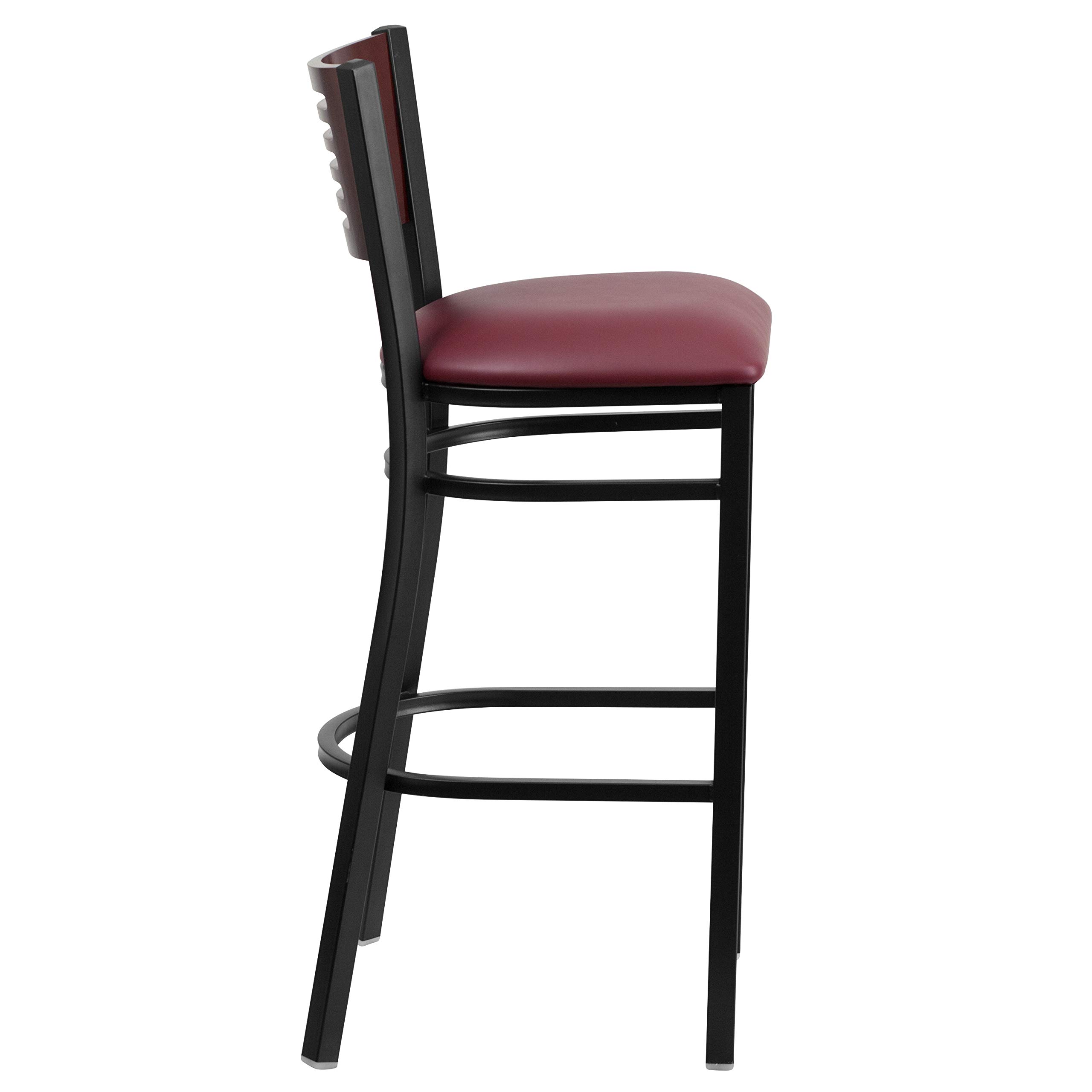 2 Pack Black Slat Back Metal Bar Stools with Mahogany Wood Back & Burgundy Vinyl Seat - Counter Height Stools for Kitchen Island, Bar, Restaurant & Home Decor