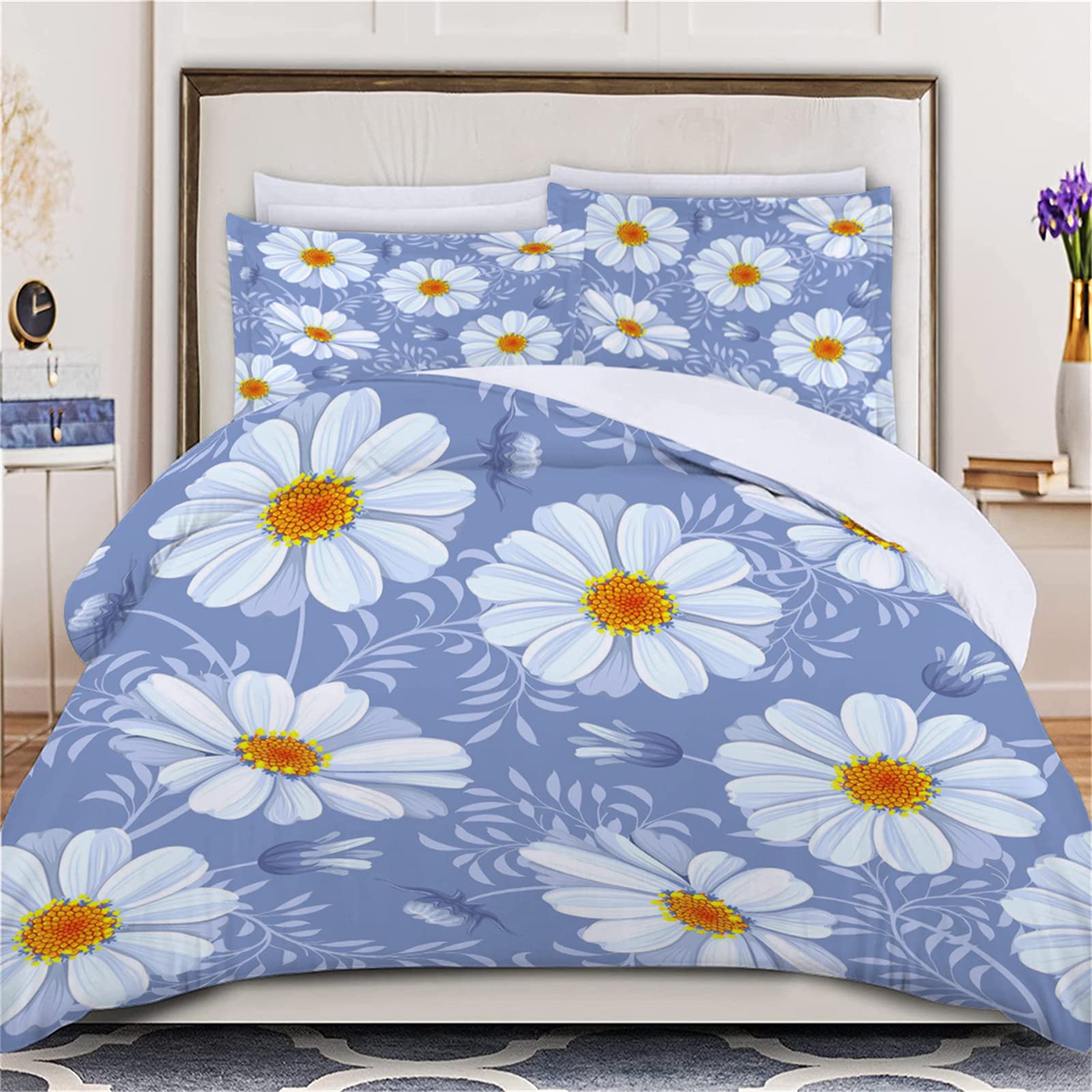 3D Printed Twin Duvet Cover Set - Blue Floral Microfiber Bedding with Zipper Closure & 2 Pillowcases (20x26 Inches) | Soft, Breathable & Hypoallergenic | Perfect for Kids & Adults Bedrooms, Guest Rooms & Dorm Decor