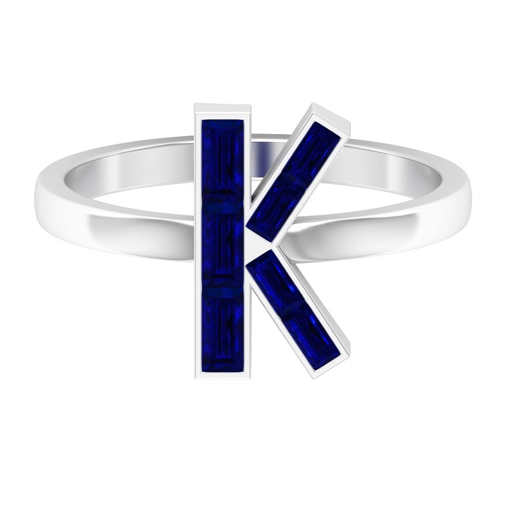 Lab Created Blue Sapphire Alphabet Initial Rings A-Z | 14K White Gold Baguette Letter Rings | Personalized Name Jewelry for Gifts & Everyday Wear
