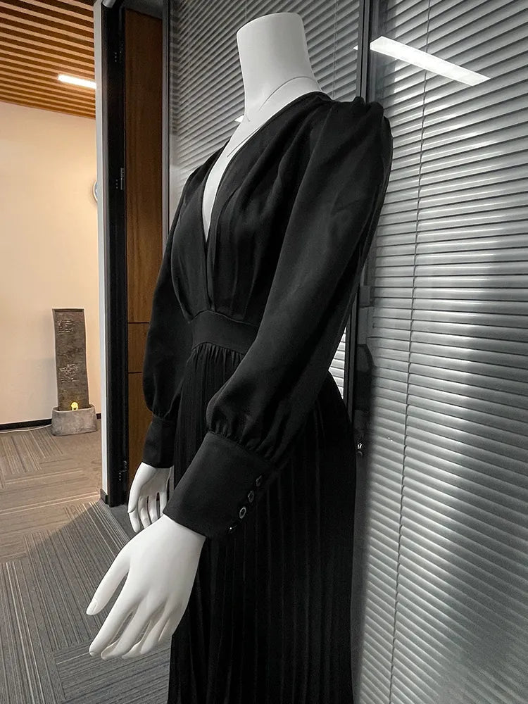 Elegant Black Ankle-Length Dresses for Women - V-Neck Long Sleeve Loose Office Dress with Fold Detail | Autumn Workwear & Formal Occasions
