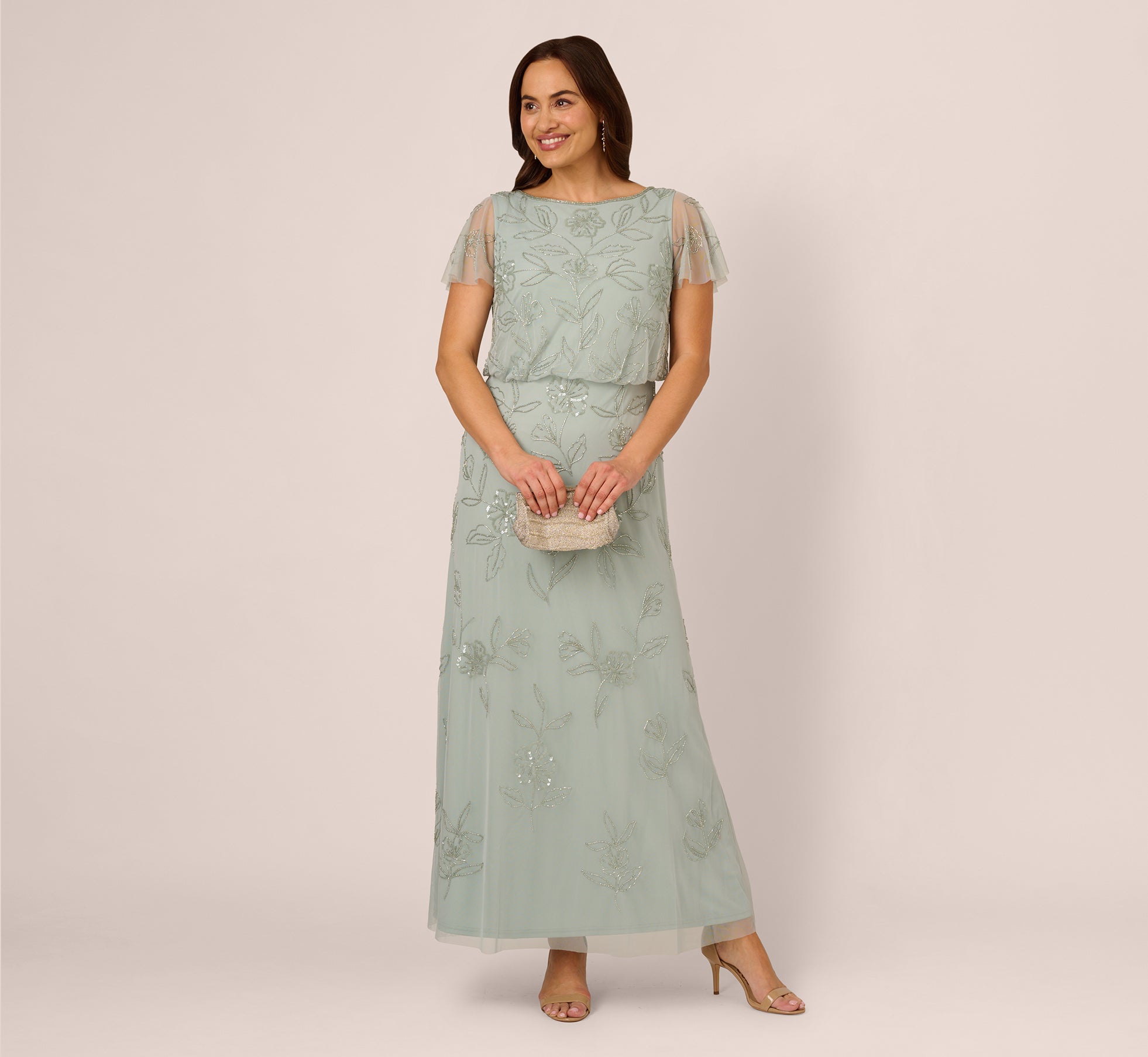 Plus Size Flutter Sleeve Floral Beaded Blouson Gown in Aqua Dust - Elegant Women's Formal Dress for Weddings, Parties & Special Occasions