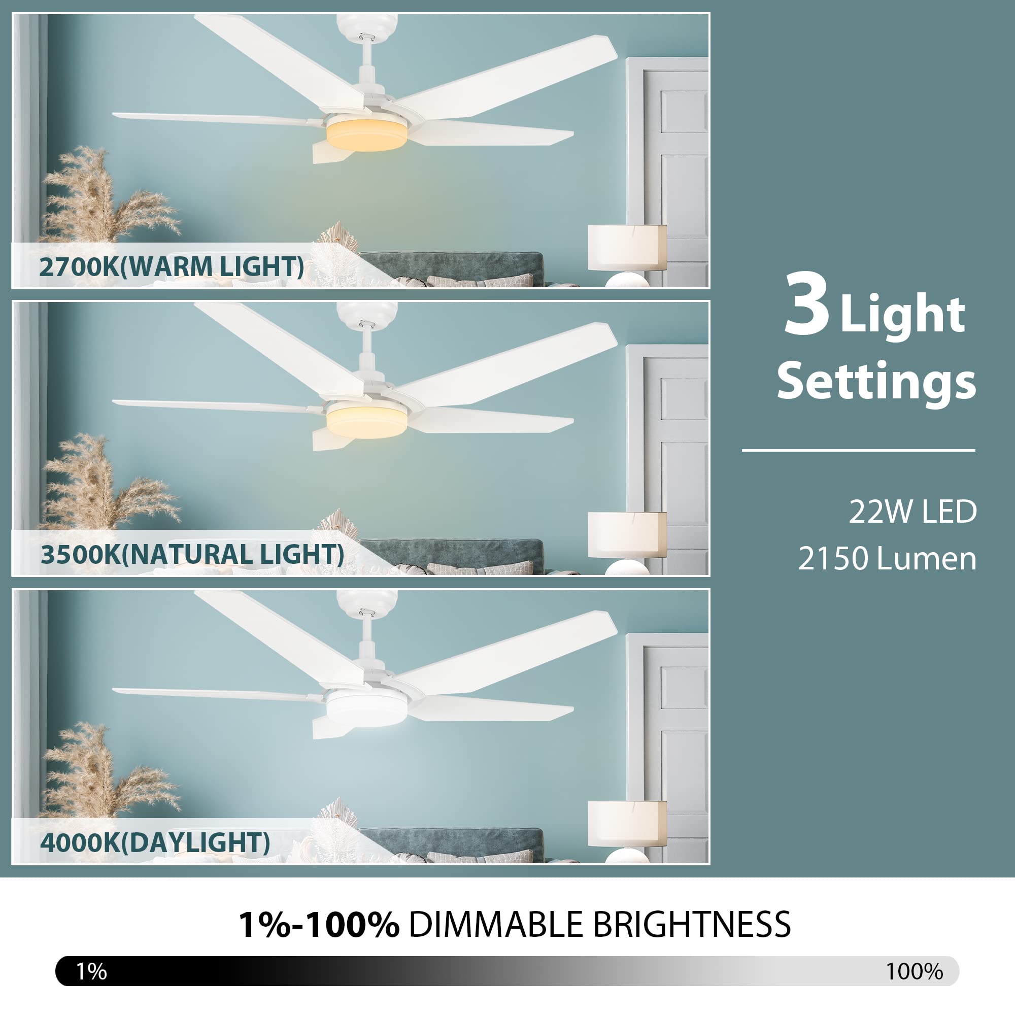 SMAAIR 52 inch Smart Ceiling Fan with Light - 5 Blade Low Profile Flush Mount Fan, 10 Speed Quiet DC Motor & Dimmable LED Light, APP/Alexa/Google Assistant/Siri Voice Control (White) - Perfect for Bedroom, Living Room, Kitchen and Office Spaces