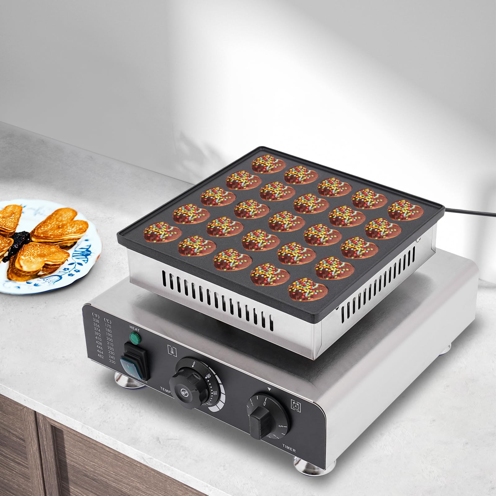 Commercial Mini Pancake Maker - 25pcs Heart-Shaped Pancake Machine with Non-Stick Surface, Adjustable Timer (0-5min) & Temperature Control (122-572°F) - Perfect for Home Bakeries, Cafés, Breakfast Buffets & Kids' Snack Time