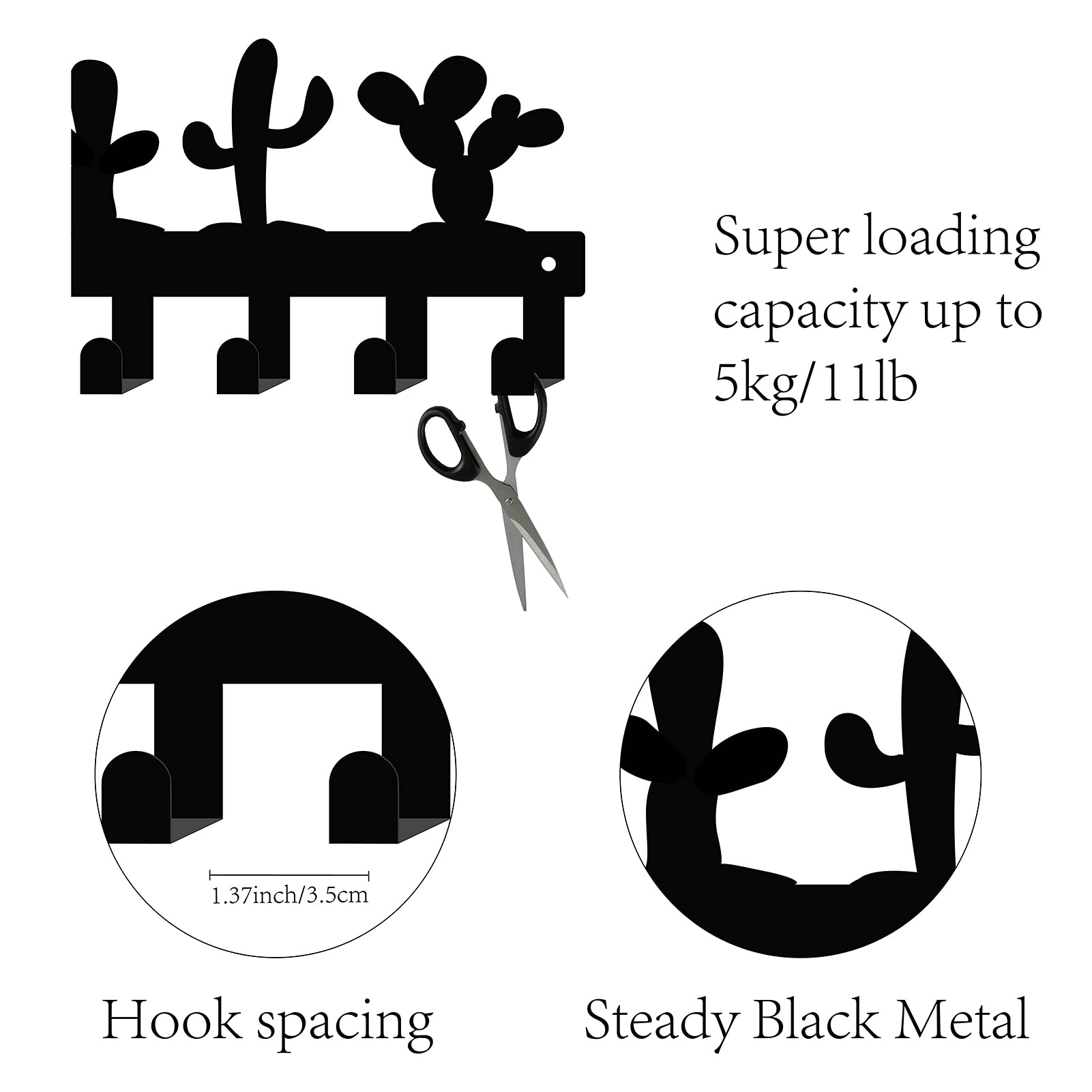 GORGECRAFT Cast Iron Wall Mount Key Holder with 6 Hooks - Cactus Plant Theme Coat Rack for Keys, Jewelry, Hats, Backpacks, Towels & Pet Leash - Decorative Wall Organizer for Entryway, Bedroom & Bathroom - Black