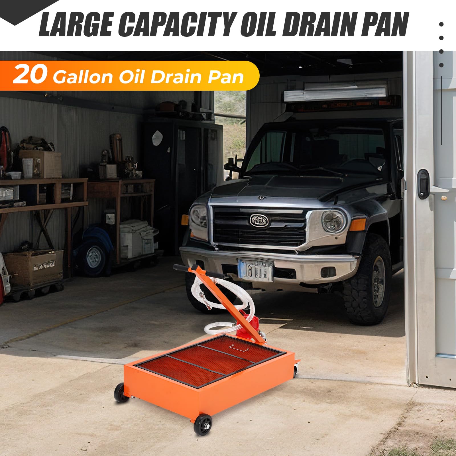 20 Gallon Low Profile Oil Drain Pan with 110V Electric Pump - 8.2 Ft Hose & Folding Handle - Rolling Oil Change Cart for Trucks, RVs, Buses - Perfect for Garage, Auto Shop & Fleet Maintenance