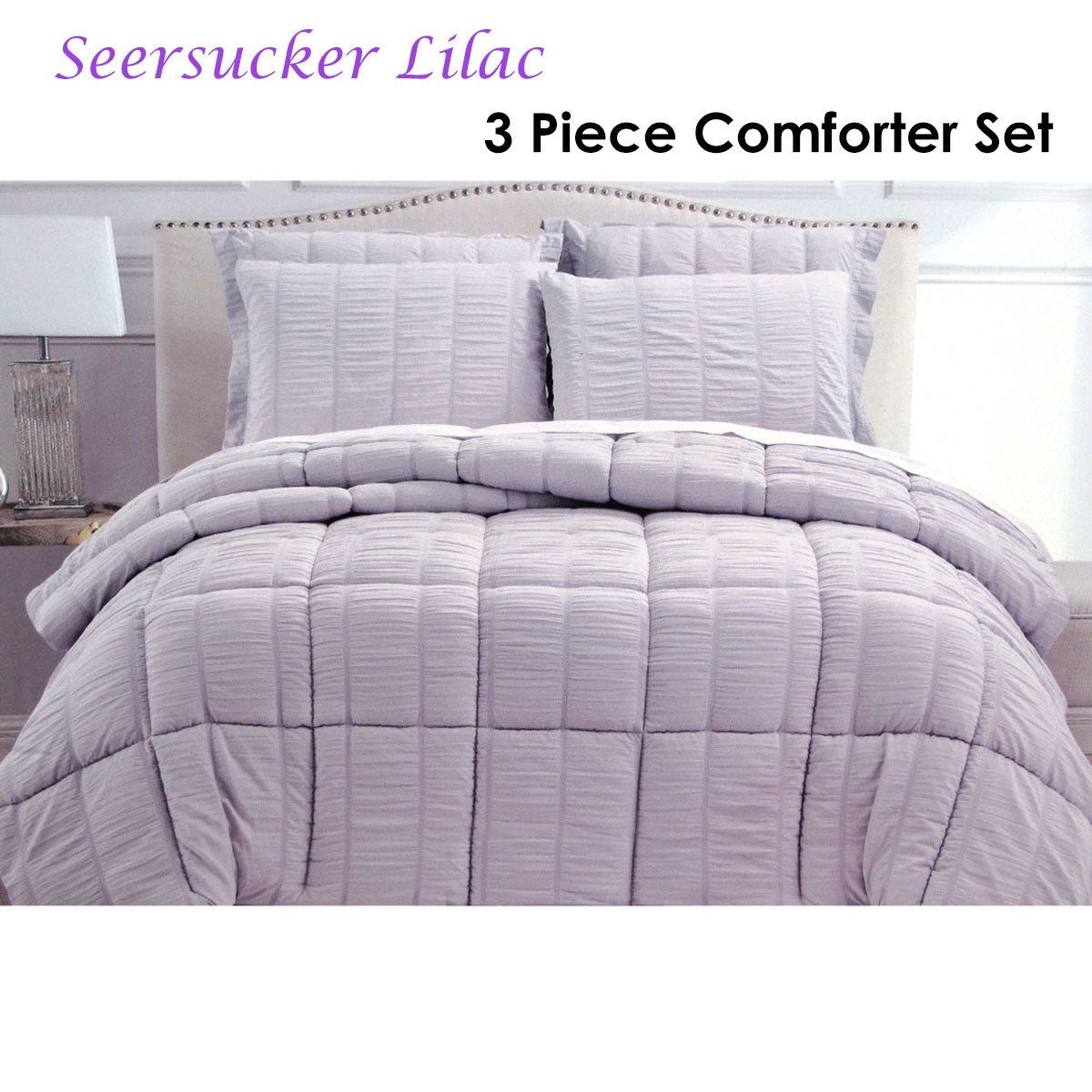 Hotel Living 3-Piece Seersucker Comforter Set - King Size, Lilac Color | Luxury Bedding for Master Bedroom & Guest Room Decor
