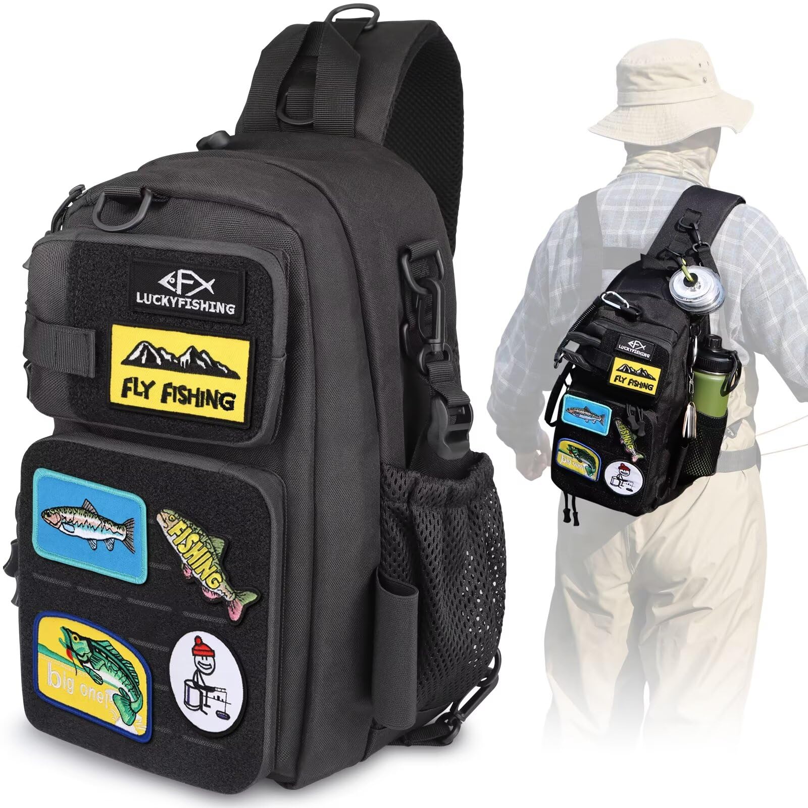 Lightweight Fishing Backpack with 6PCS DIY Fish Embroidery Patches - Waterproof Sling Bag for Fly Fishing, Hiking & Outdoor Adventures