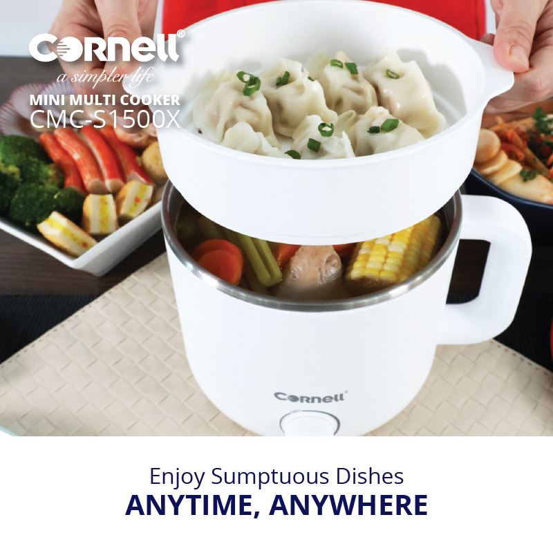 Cornell 1.5L Mini Multi Cooker with Steam Tray CMCS1500X - Compact Electric Rice Cooker, Slow Cooker & Food Steamer for Small Kitchens, Dorms & RVs - Perfect for Cooking Rice, Soup, Stew & Healthy Meals