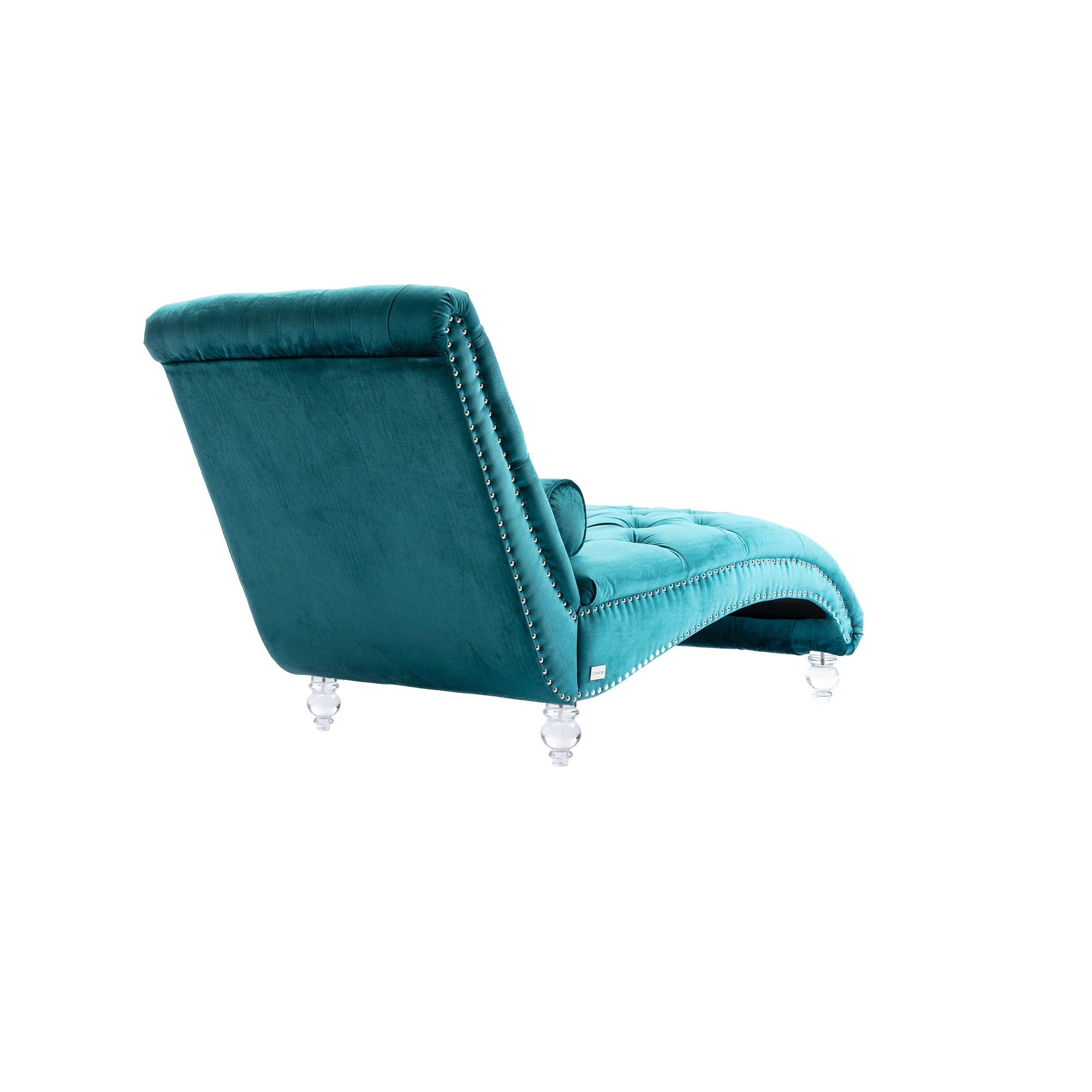 Luxury COOMORE Velvet Chaise Lounge Chair - Button Tufted Upholstered Sofa with Pillow for Bedroom, Living Room & Office - Teal Velvet - Perfect for Reading Nook, Lounge Area & Home Decor
