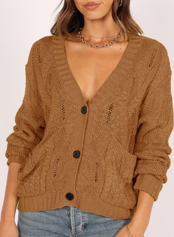 Dokotoo Women's Open Front Cardigan Sweater - Long Sleeve V-Neck Button Down Coat with Pockets | Lightweight Knit Wrap Cover Up for Casual Wear, Office, and Layering Outfits