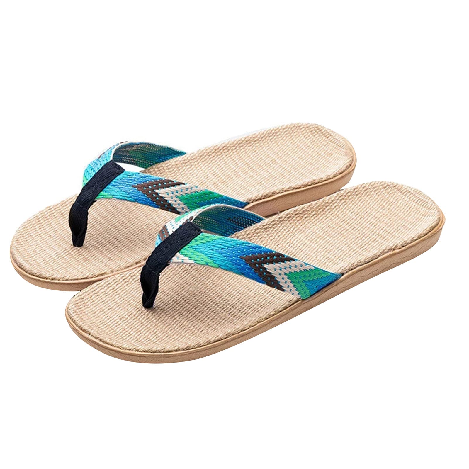 **Menran Women's Summer Linen Slippers – Non-Slip Beach Slides with Floral Design for Indoor & Outdoor Use – Comfortable House Sandals for Women & Men (Green, Size 12.5) – Perfect for Beach, Poolside, and Home Relaxation**