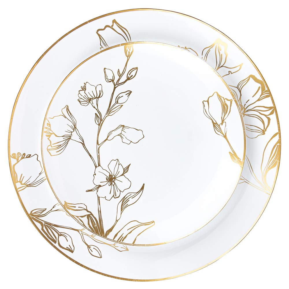 PLASTICPRO 32-Piece Elegant Floral Design Dinner Plate Set - 16 White 7-Inch Salad Plates & 16 White 10-Inch Dinner Plates with Gold Rim - Heavyweight Plastic Tableware for Parties, Weddings, and Special Events
