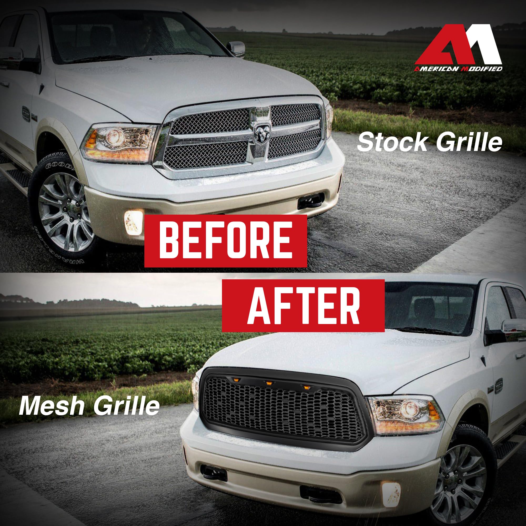 2013-2018 Dodge Ram 1500 Replacement Front Grille with Amber Lights - Matte Black Mesh Grill for Off-Road & Truck Customization | Enhanced Style & Durability for Pickup Trucks