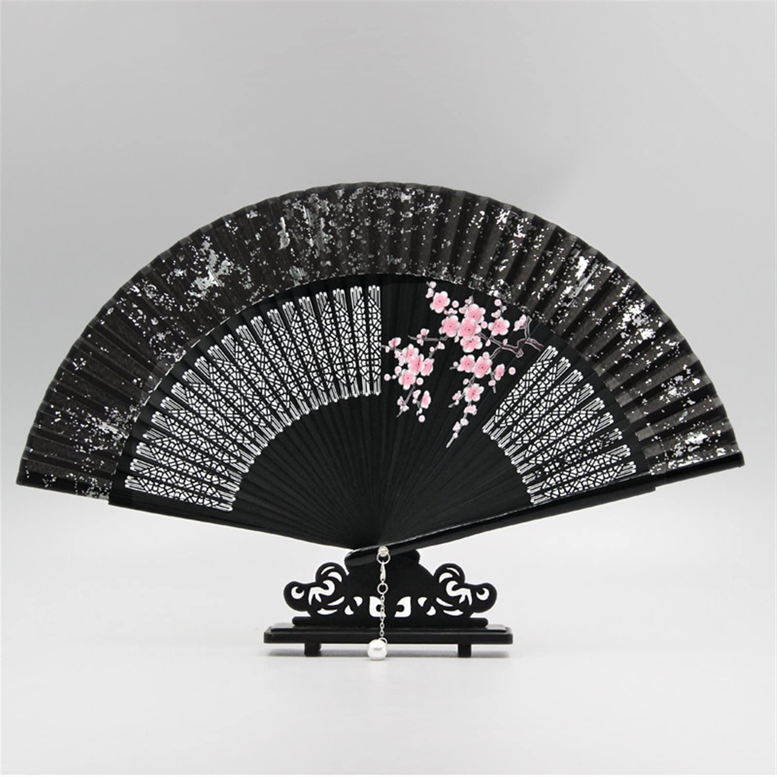 Hand-Painted Chinese Plum Blossom Bamboo Folding Fan with Pearl Tassel - 7.1 Inch Traditional Oriental Fan for Women, Home Decor & Summer Cooling - Perfect for Weddings, Photography, Costume Parties & Feng Shui Decor