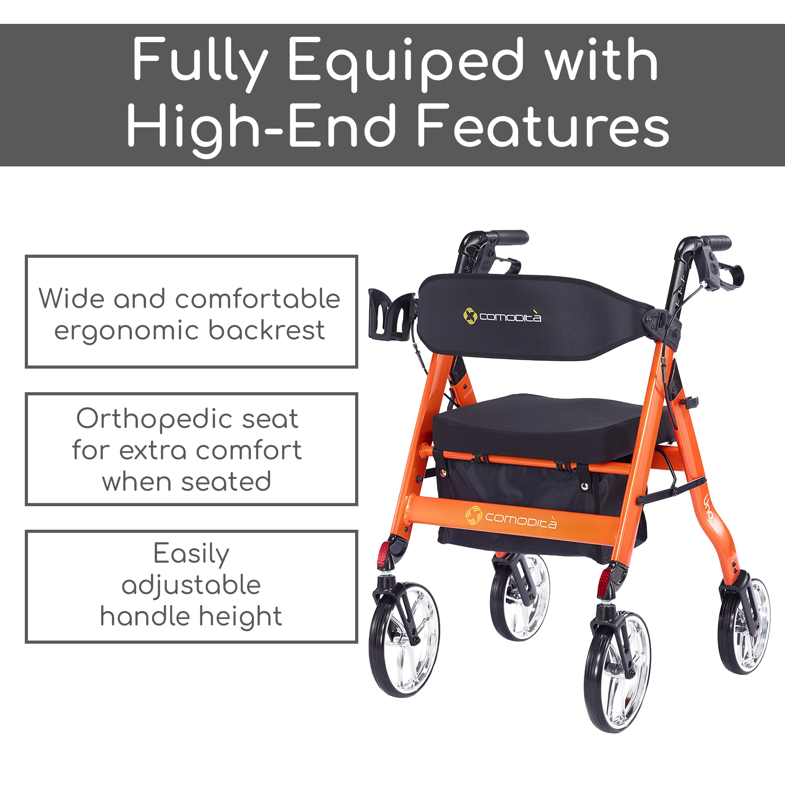 Comodità Uno Classic Rolling Walker - 4 Wheel Rollator with Extra Wide Orthopedic Seat & Hand Brakes for Adults & Seniors - Lightweight Foldable Mobility Aid for Indoor/Outdoor Use - Metallic Graphite