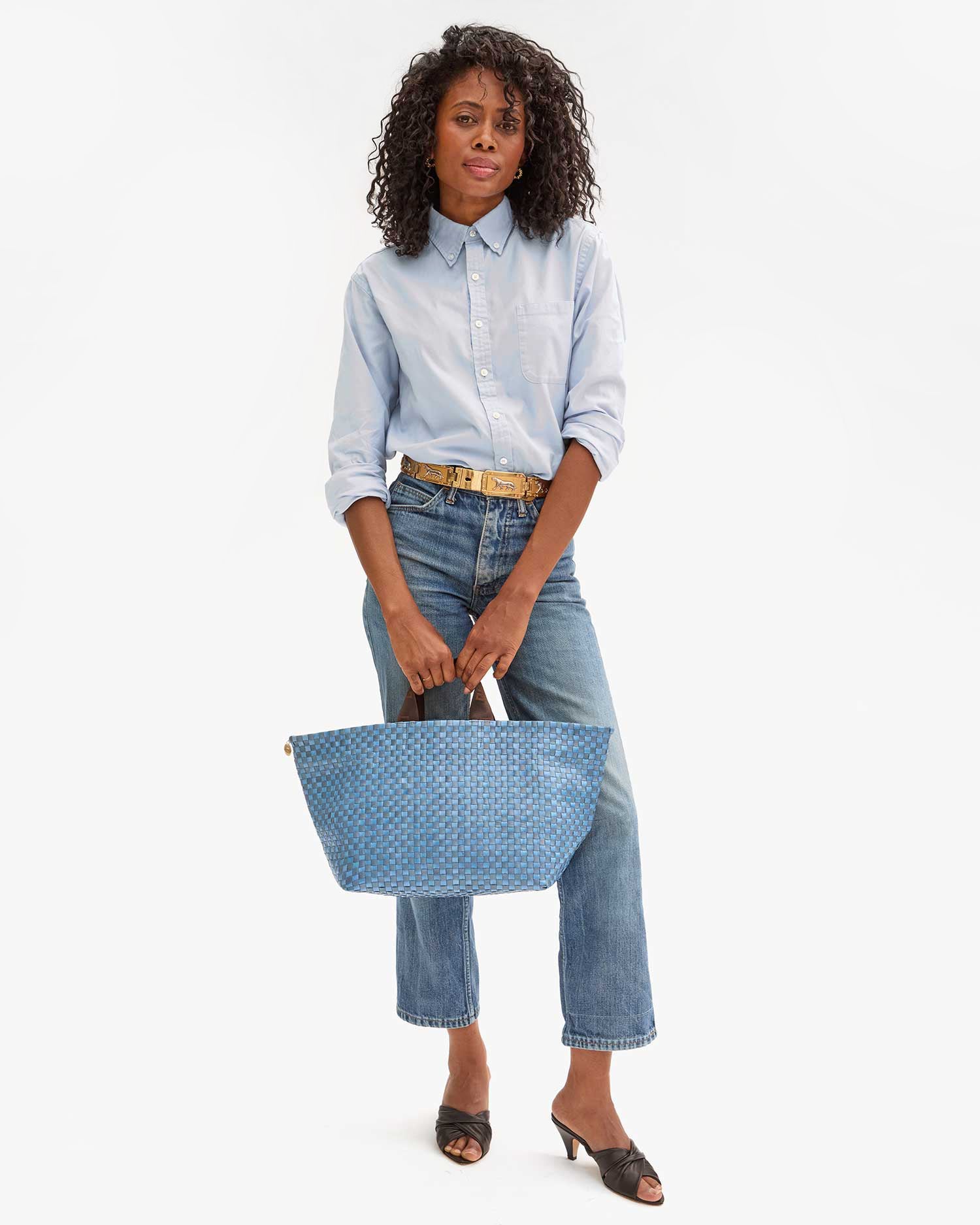 Light Blue Woven Checker Bateau Tote Bag - Stylish Beach Tote for Women, Perfect for Summer Outings, Shopping & Travel Accessories