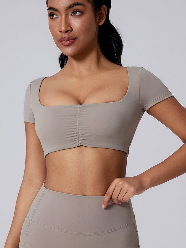 ZASUWA Women's Sexy Solid Color U-Neck Quick Dry Short Sleeve T-Shirt - Perfect for Summer, Gym, and Casual Wear