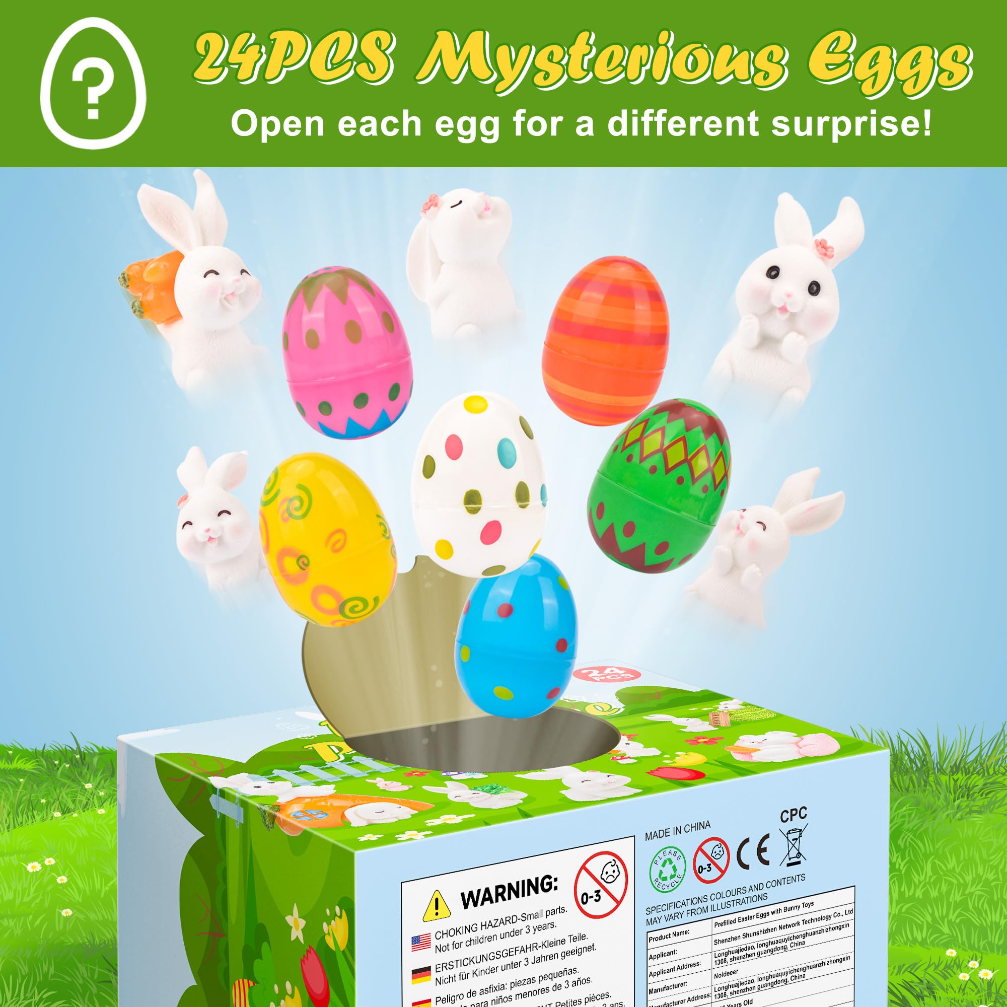 24-Piece Prefilled Easter Eggs with Bunny Toys Inside - Plastic Easter Egg Hunt Set for Kids, Boys & Girls - Easter Basket Stuffers & Party Favors - Perfect for Easter Egg Hunts, Classroom Prizes & Holiday Celebrations