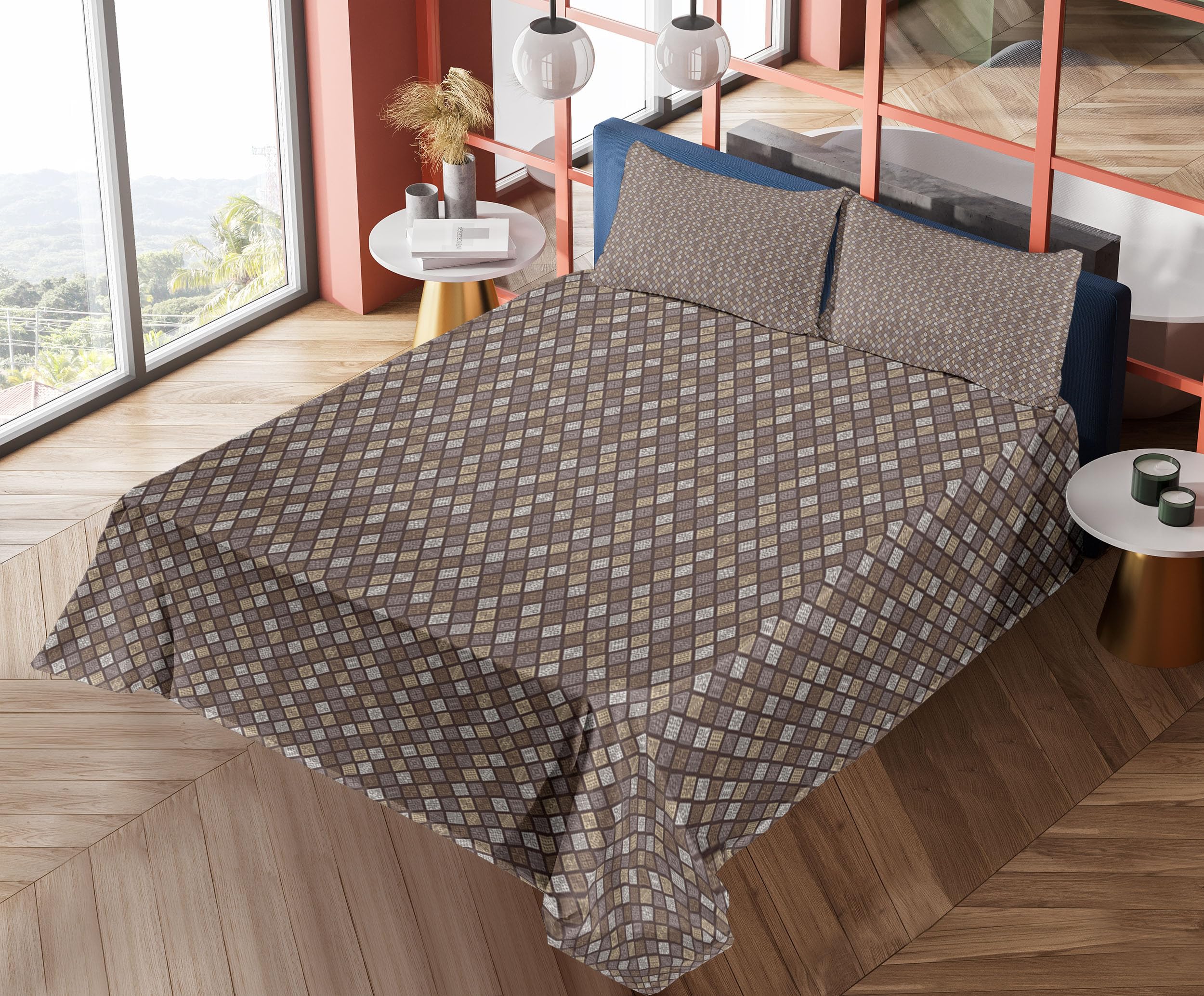 Ambesonne Abstract Diamond Geometric Pattern 4-Piece Sheet Set - King Size, Dark Taupe Tan & Cocoa - Fitted Sheet, Flat Sheet & 2 Pillowcases - Modern Bedroom Decor for Contemporary Homes