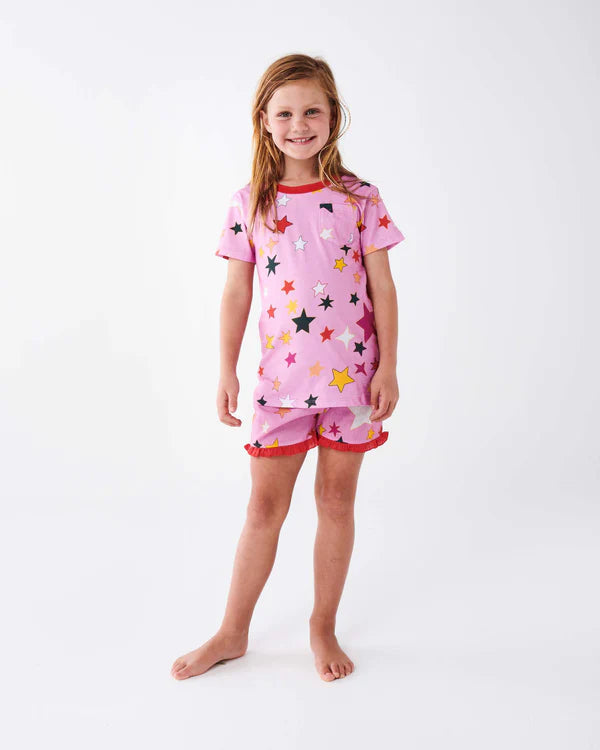 Kip & Co Festive Star Organic Cotton Short Sleeve Tee & Frill Short Girls Pajama Set – Soft & Comfortable Sleepwear for Kids, Perfect for Holidays & Bedtime