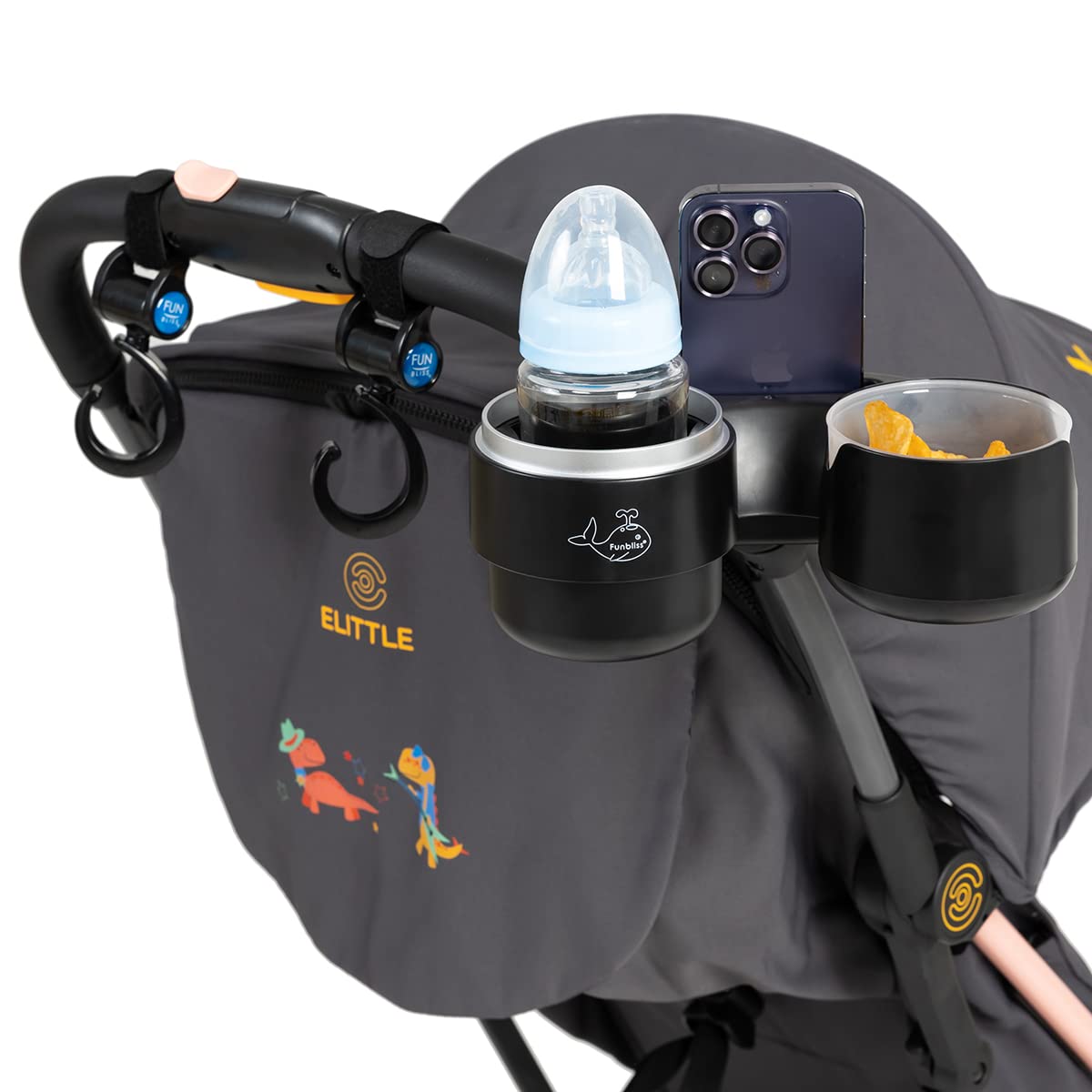 **Funbliss 4-in-1 Multifunctional Baby Stroller Snack Tray with Parent Cup Holders, Phone Holder & Bonus Hooks – Removable Stroller Drink Holder & Snack Tray for Convenient Feeding & Storage – Perfect for Walks, Shopping & Travel**