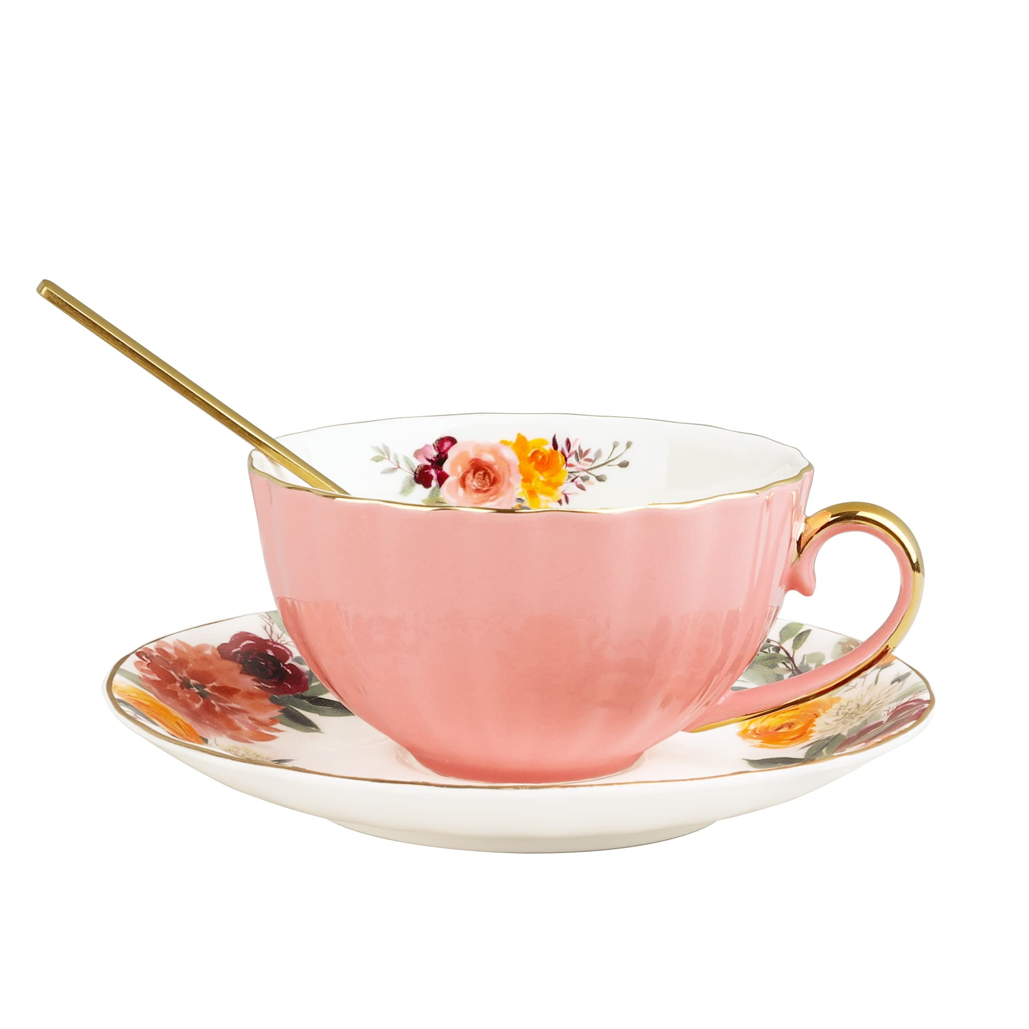 Fanquare English Pink Tea Cup Set - Floral Porcelain Tea Cup with Spoon & Saucer, 7oz Ceramic Tea Set for Afternoon Tea, Bridal Shower, or Gift