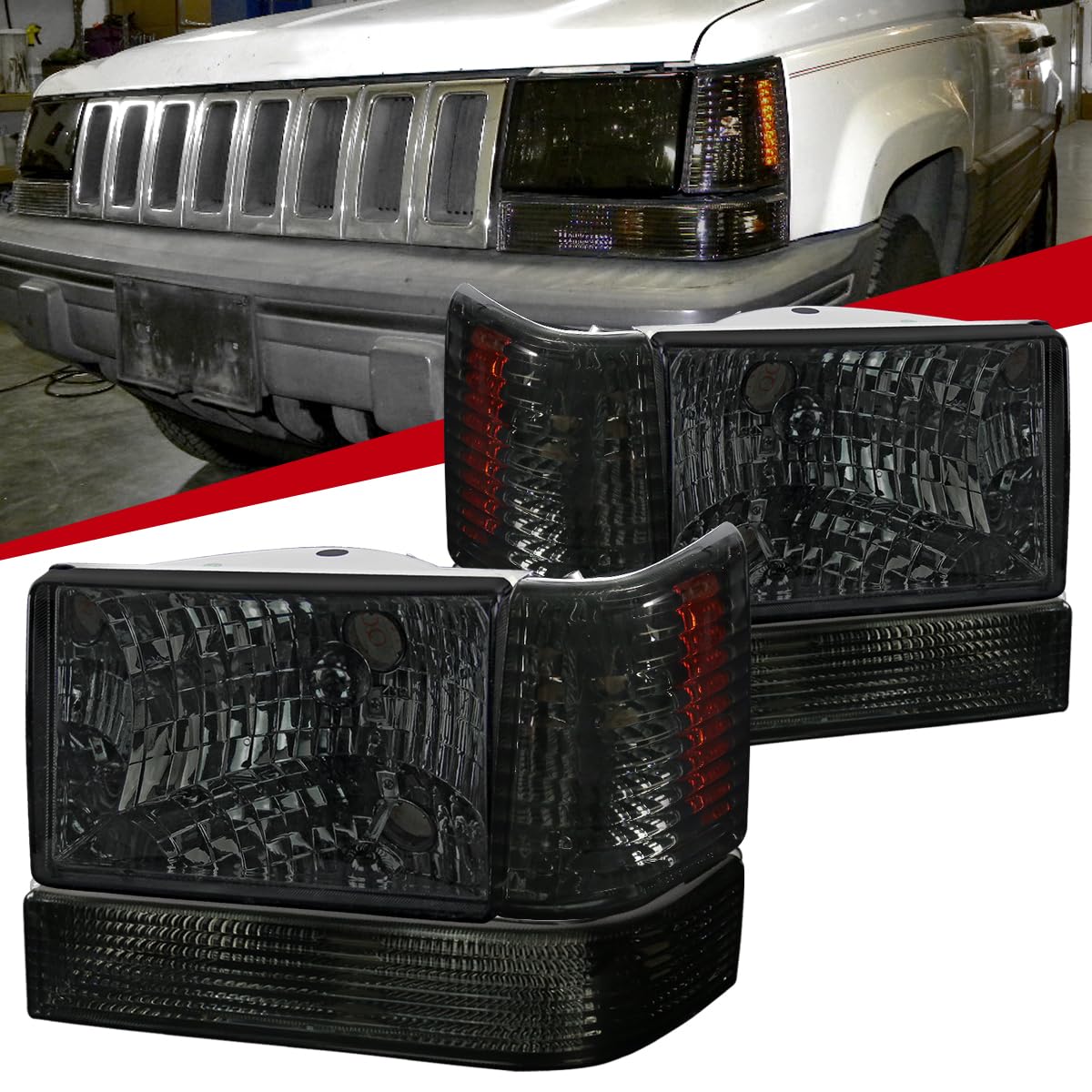 Smoke Tinted Headlights & Bumper Corner Lamps for 1993-1996 Jeep Grand Cherokee - Blackout Style Upgrade for Off-Road & Night Driving