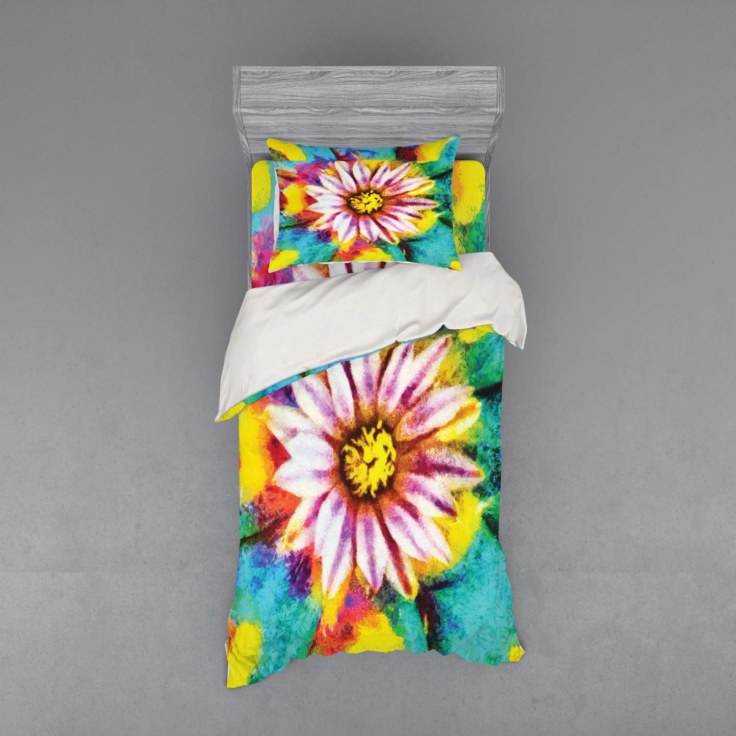 Ambesonne Psychedelic Duvet Cover Set - Oil Paint Floral Abstract Design, 3-Piece Bedding Set with Pillow Sham & Fitted Sheet, Twin XL Size, Turquoise & Pink - Perfect for Bohemian Bedroom Decor & Guest Room Styling