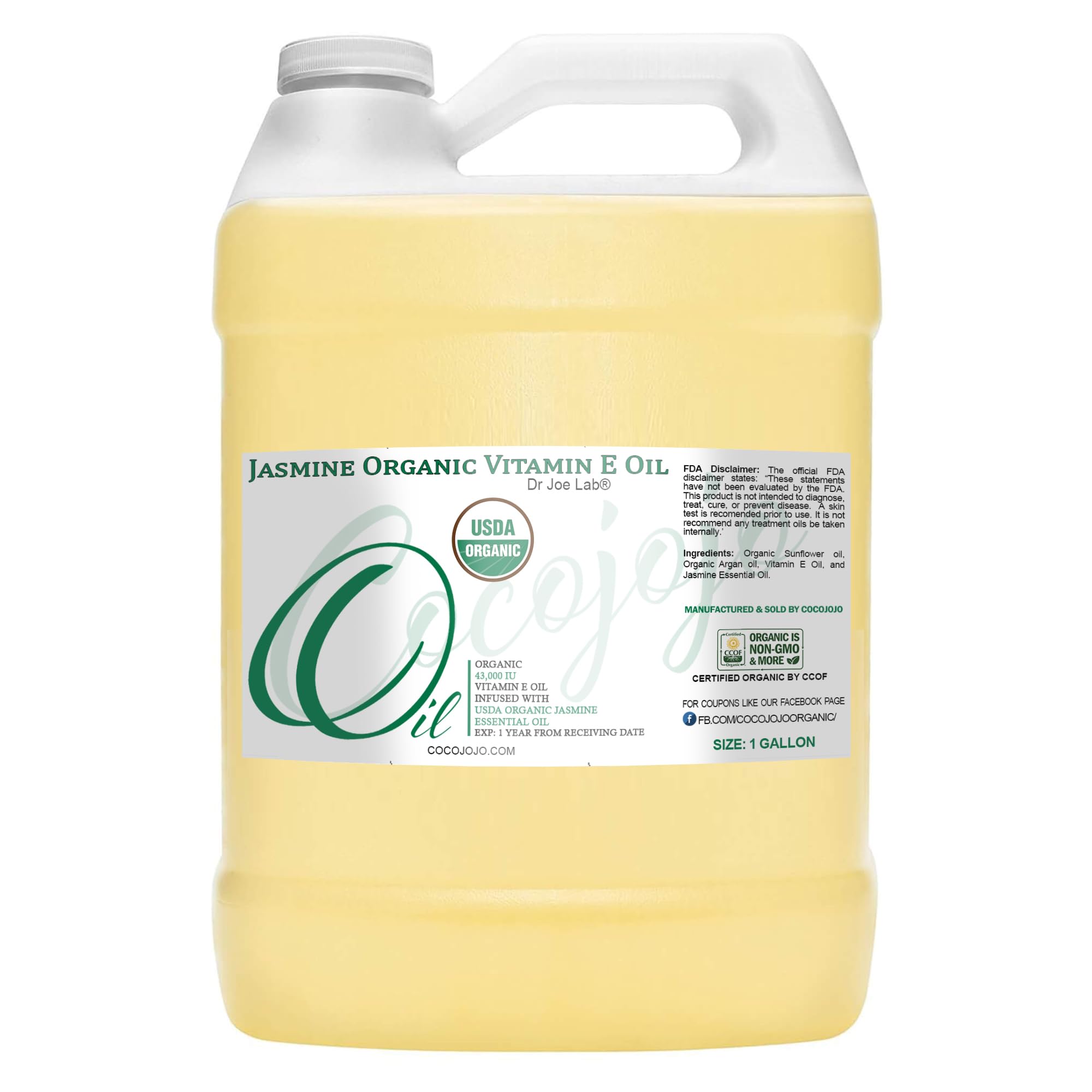 Organic Vitamin E Oil & Jasmine Essential Oil Blend - 43,000 IU Vegan Multi-Use Moisturizer for Skin, Hair, Face, Body & Cuticles - Daily Hydration & Nourishment - Perfect for Massage, Aromatherapy & DIY Beauty (1 Gallon / 128 oz) - Packaging May Vary