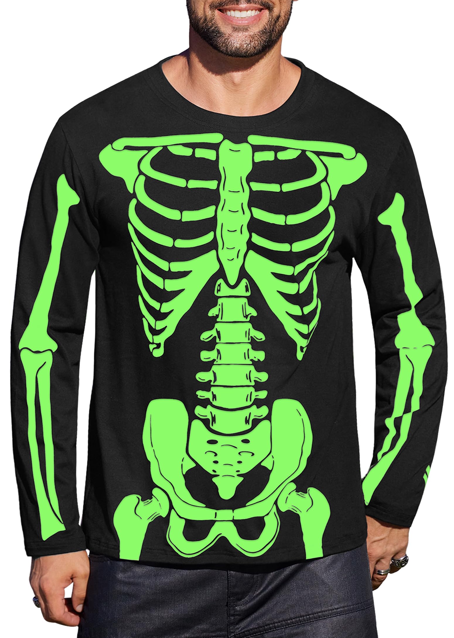 Arvilhill Men's Halloween T-Shirt - Jack O' Lantern Skeleton Design Long Sleeve Shirt | Glow in The Dark | Sizes S-3XL | Perfect for Halloween Parties, Costume Events & Spooky Night Outfits